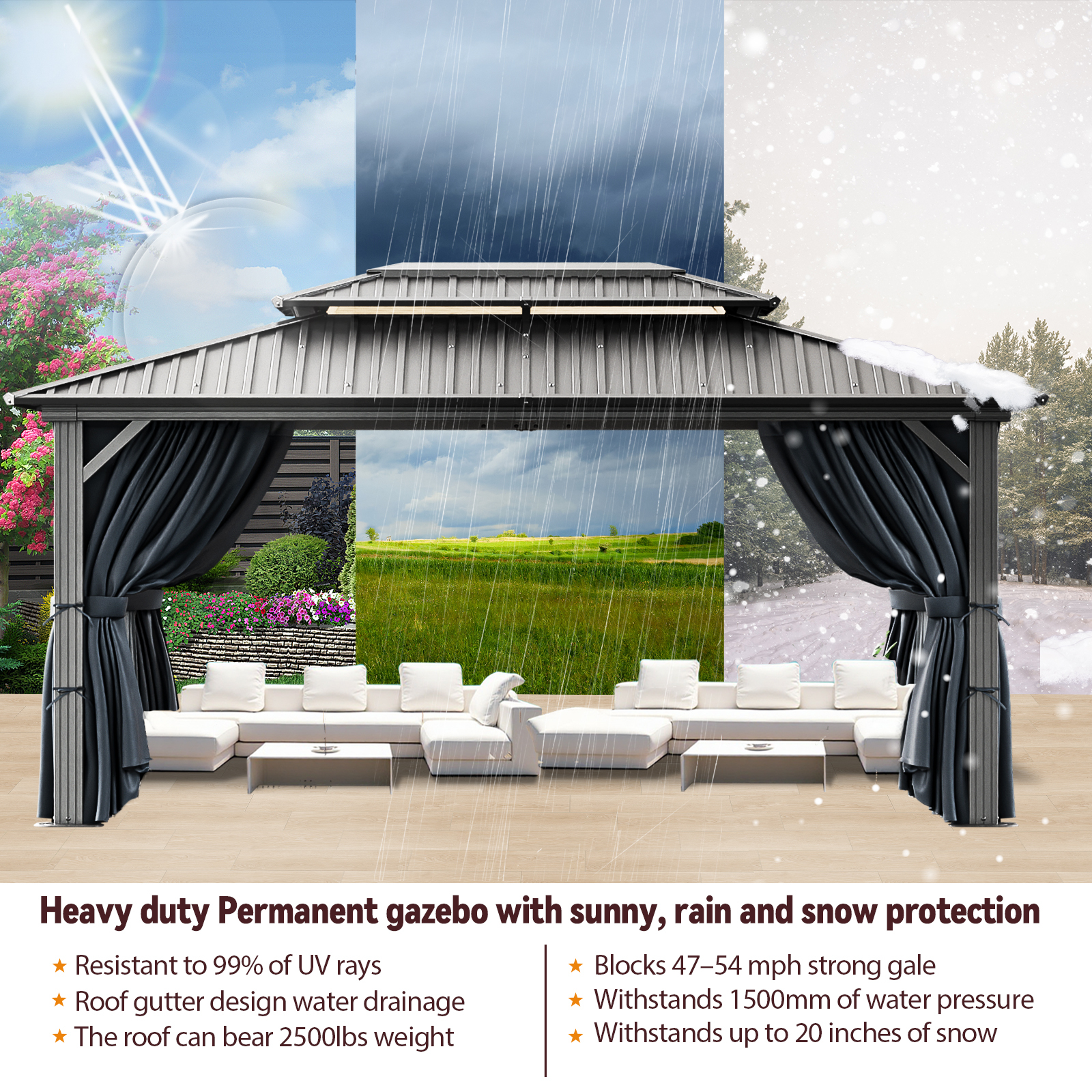 SANOPY 10x15 Hardtop Gazebo Aluminum Gazebos with Galvanized Steel Double Roof Metal Gazebo with Curtains and Netting Permanent Hardtop Gazebos Steel Gazebo for Backyard, Garden and Patio, Black