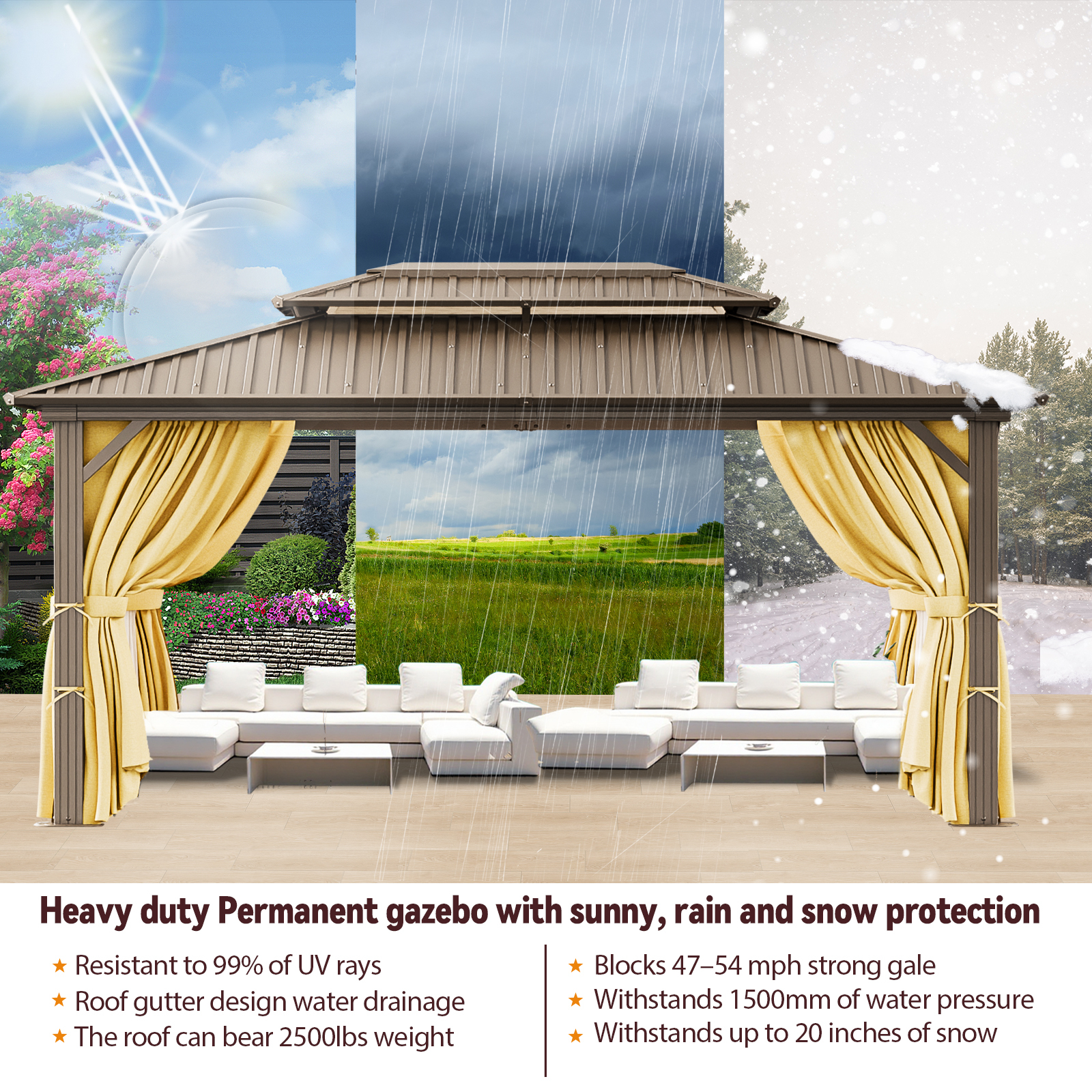 SANOPY 10x15 Hardtop Gazebo Aluminum Gazebos with Galvanized Steel Double Roof Metal Gazebo with Curtains and Netting Permanent Hardtop Gazebos Steel Gazebo for Backyard, Garden and Patio, Brown