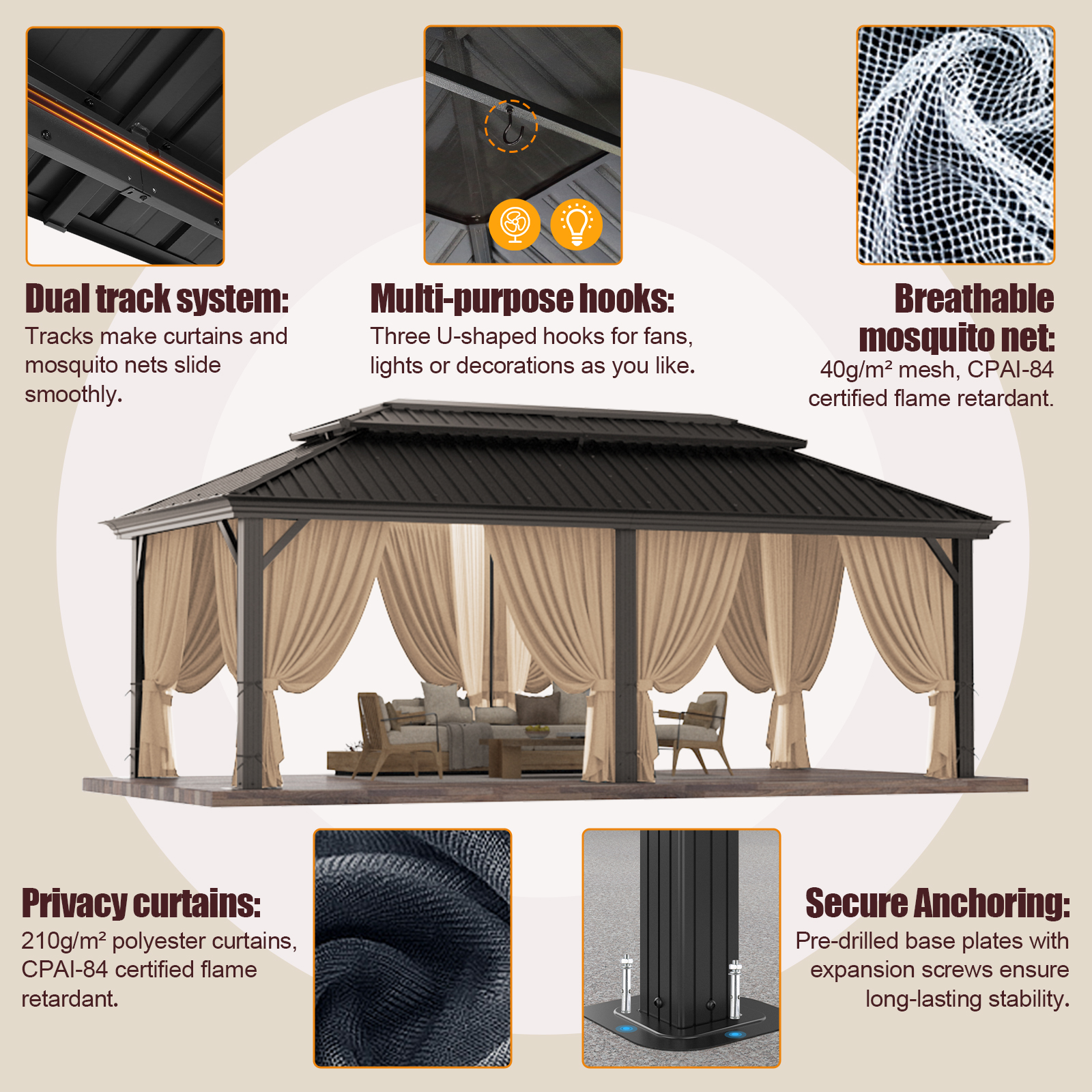 SANOPY 12x20 Hardtop Gazebo Aluminum Metal Gazebos Galvanized Steel Double Roof Permanent Hardtop Gazebo with Netting and Curtains Aluminum Frame Steel Gazebos for Deck, Lawns and Backyard, Brown