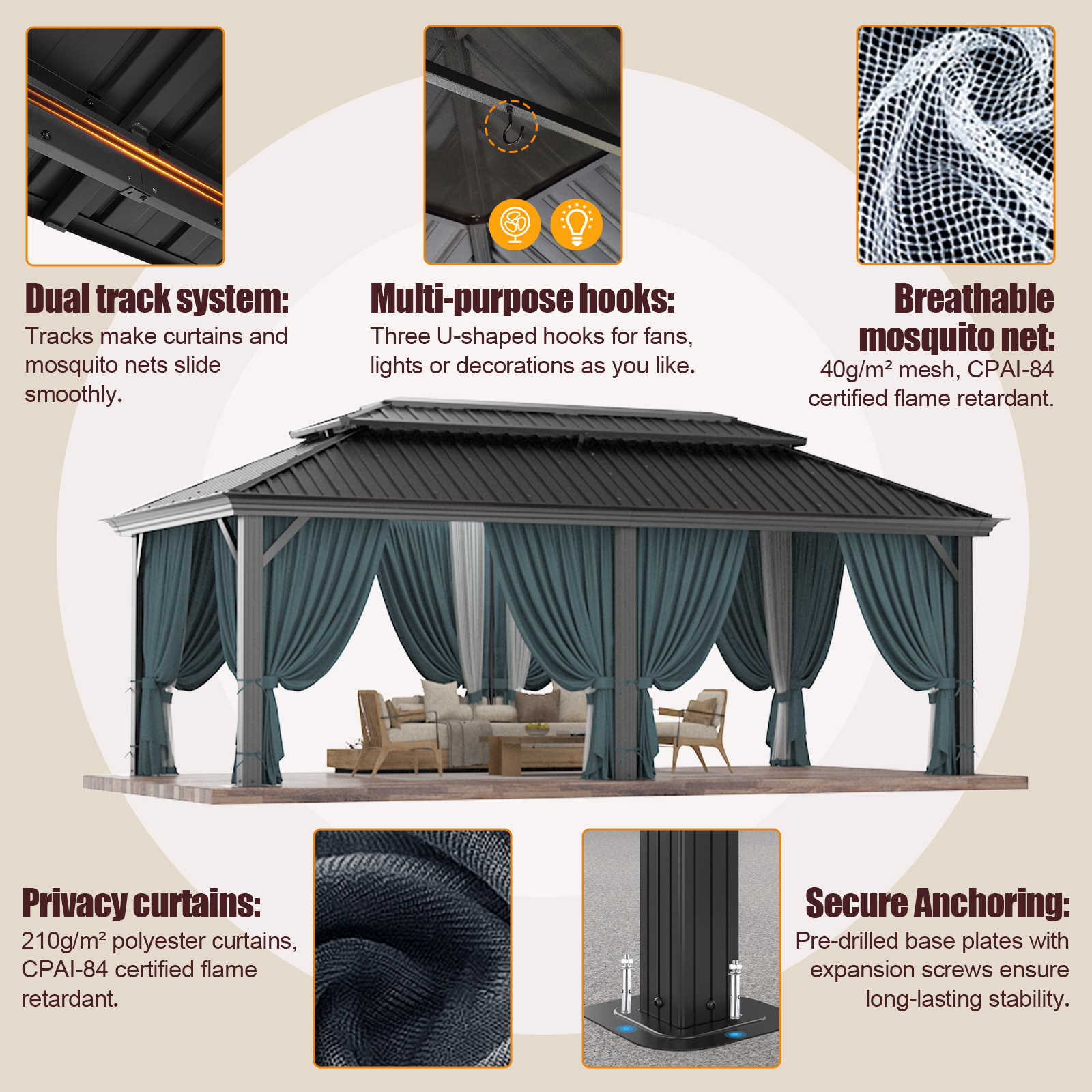 SANOPY 12x20 Hardtop Gazebo Aluminum Metal Gazebos Galvanized Steel Double Roof Permanent Hardtop Gazebo with Netting and Curtains Aluminum Frame Steel Gazebos for Deck, Lawns and Backyard, Black