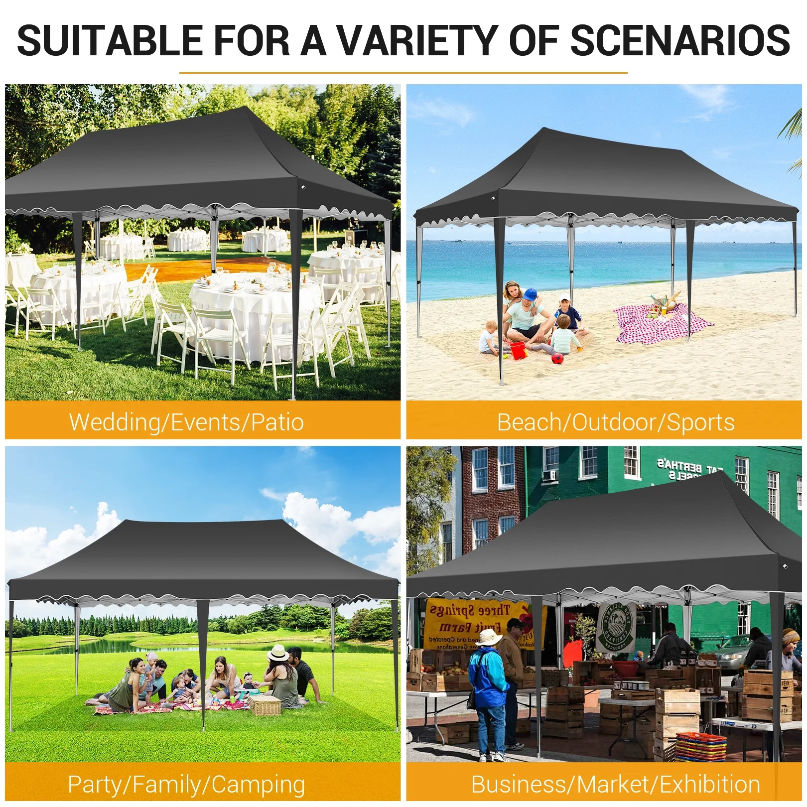 SANOPY 10' x 20' Pop up Canopy Party Tent with 6 Removable Sidewalls, Wave Eave Outdoor Waterproof Patio Gazebo Tent with Carry Bag, Backyards Camping Picnics, Black