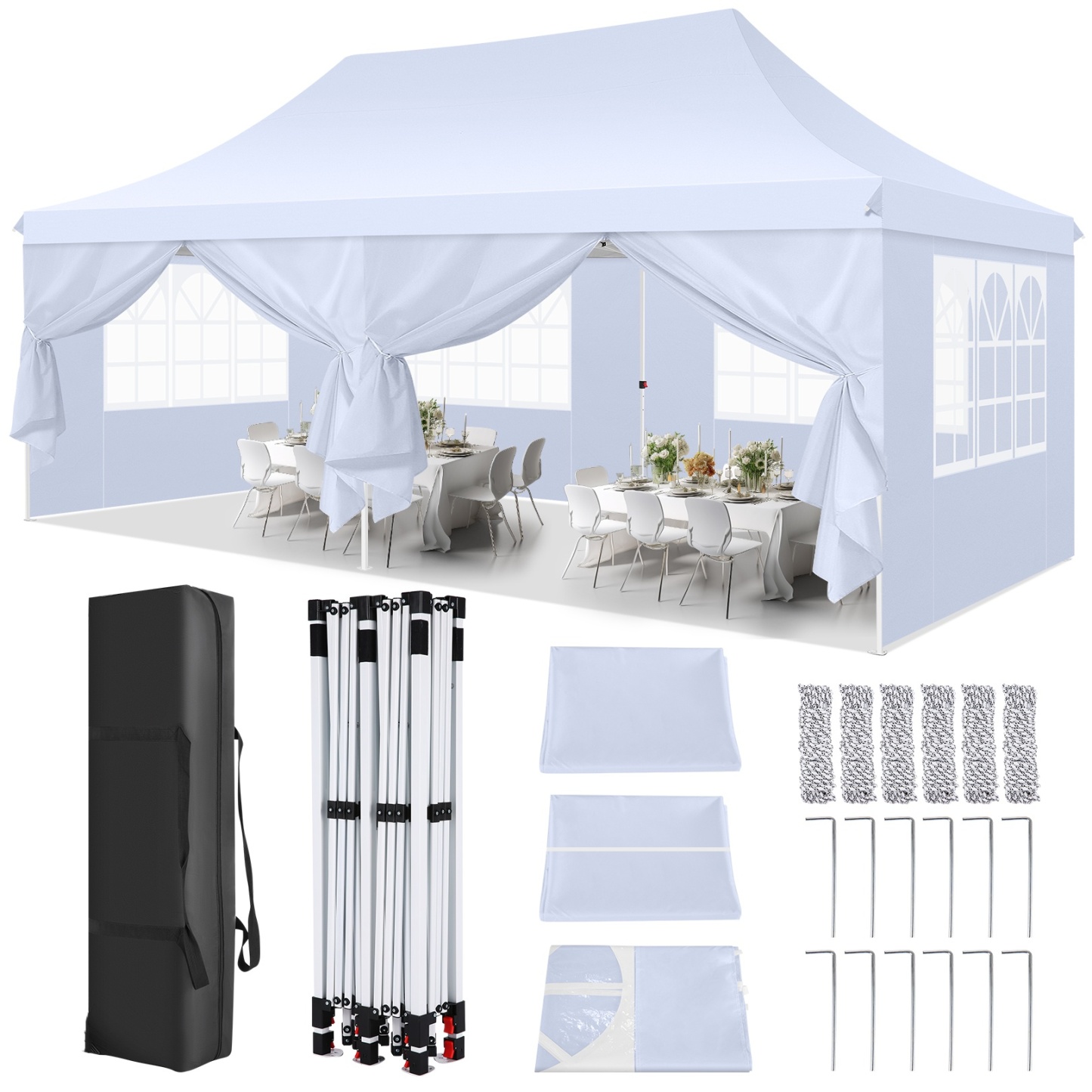 SANOPY 10' x 20' EZ Pop up Canopy Party Tent, Outdoor Event Instant Gazebo with 6 Removable Sidewalls for Camping Wedding Picnic, White