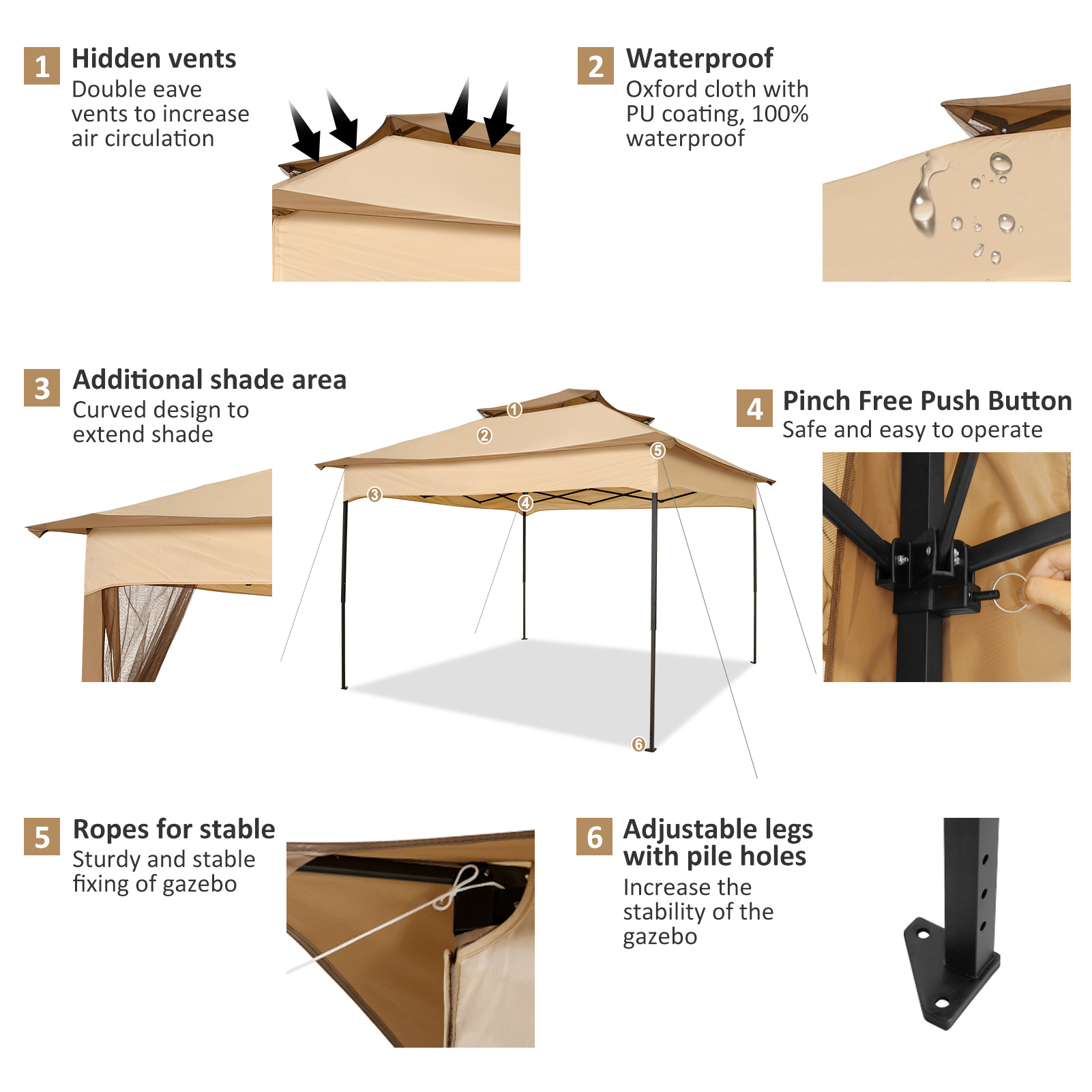 SANOPY 11'x 11' Pop up Gazebo with 4 Mosquito Netting, Outdoor Canopy Tent with Double Roof Tops and 121 Square ft of Shade for Patio, Garden, Camping Shelter, Khaki
