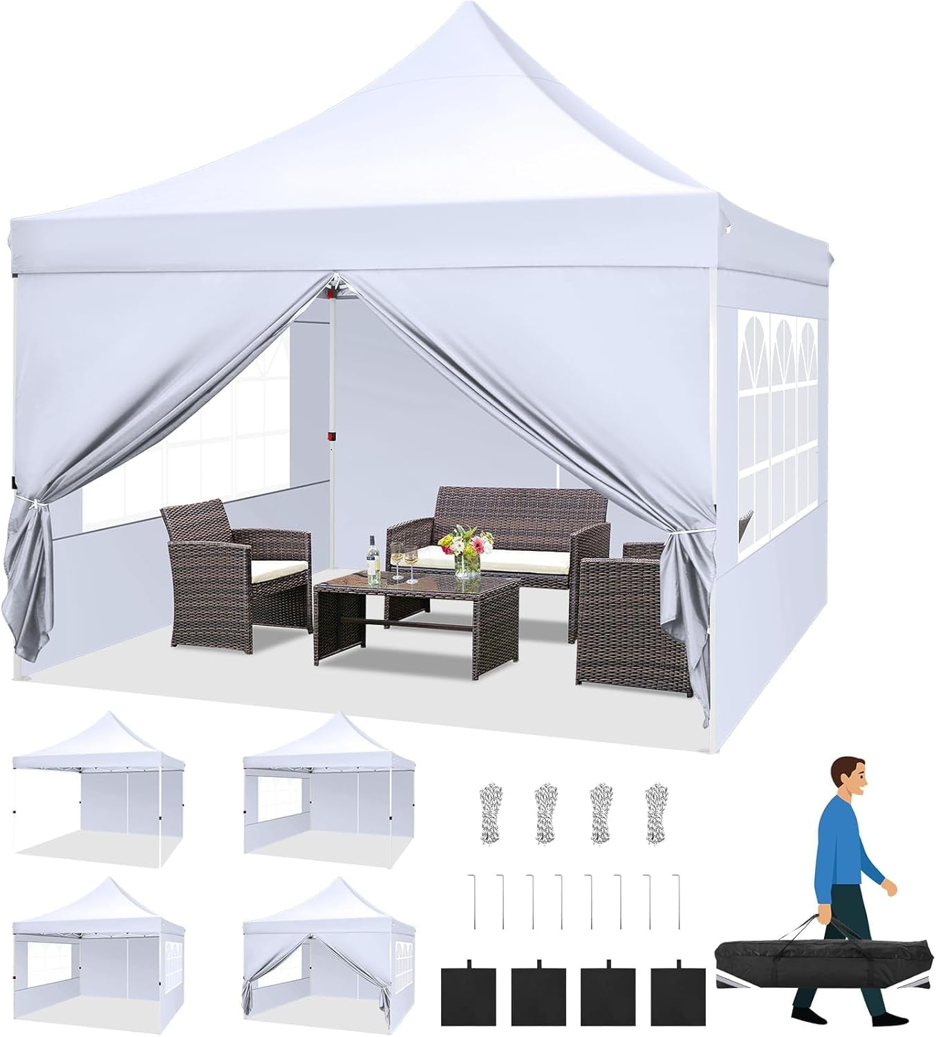 COBIZI 10x10 Pop-Up Canopy Tent with Sidewalls,Ez Waterproof Commercial Party Tent, UV 50+ Outdoor Instant Gazebo, Event Shelter for Garden Parties and Camping, Includes Sandbags,White