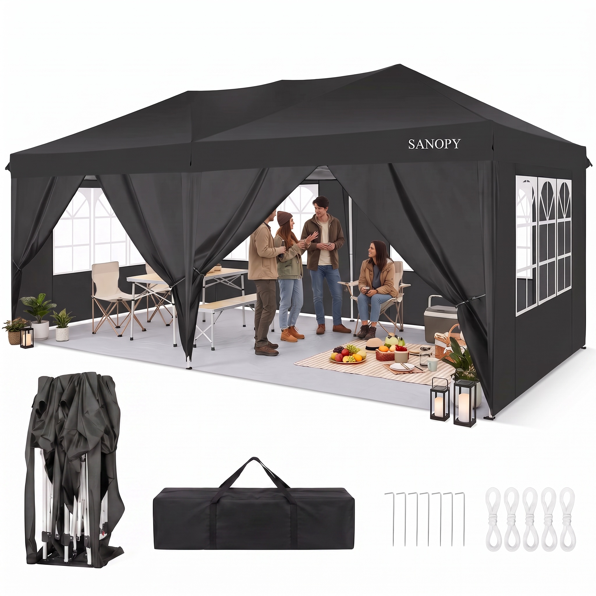 SANOPY 10' x 20' EZ Pop Up Canopy Tent Party Tent Outdoor Event Instant Tent Gazebo with 6 Removable Sidewalls and Carry Bag