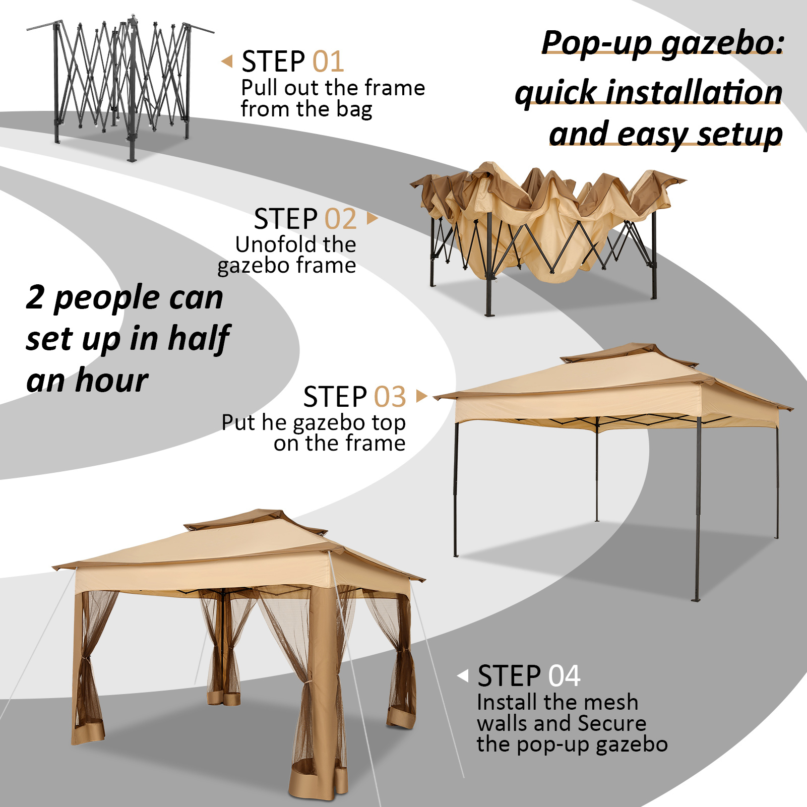 SANOPY 11'x 11' Pop up Gazebo with 4 Mosquito Netting, Outdoor Canopy Tent with Double Roof Tops and 121 Square ft of Shade for Patio, Garden, Camping Shelter, Khaki