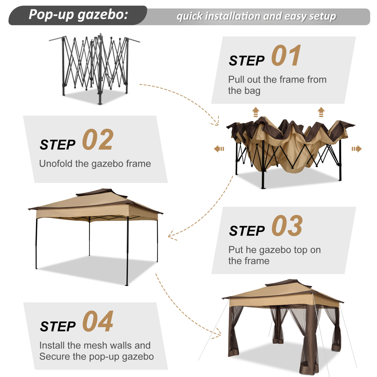 SANOPY 11'x 11' Pop up Gazebo with 4 Mosquito Netting, Outdoor Canopy Tent with Double Roof Tops and 121 Square ft of Shade for Patio, Garden, Camping Shelter, Dark Brown