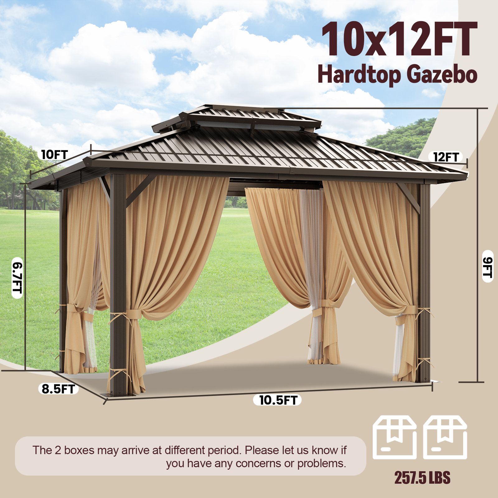SANOPY 10x12 Hardtop Gazebo Aluminum Gazebos with Galvanized Steel Double Roof Metal Gazebo with Curtains and Netting Permanent Steel Gazebo for Backyard, Garden and Patio, Brown