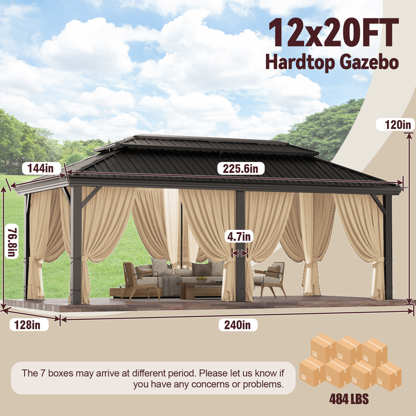 SANOPY 12x20 Hardtop Gazebo Aluminum Metal Gazebos Galvanized Steel Double Roof Permanent Hardtop Gazebo with Netting and Curtains Aluminum Frame Steel Gazebos for Deck, Lawns and Backyard, Brown