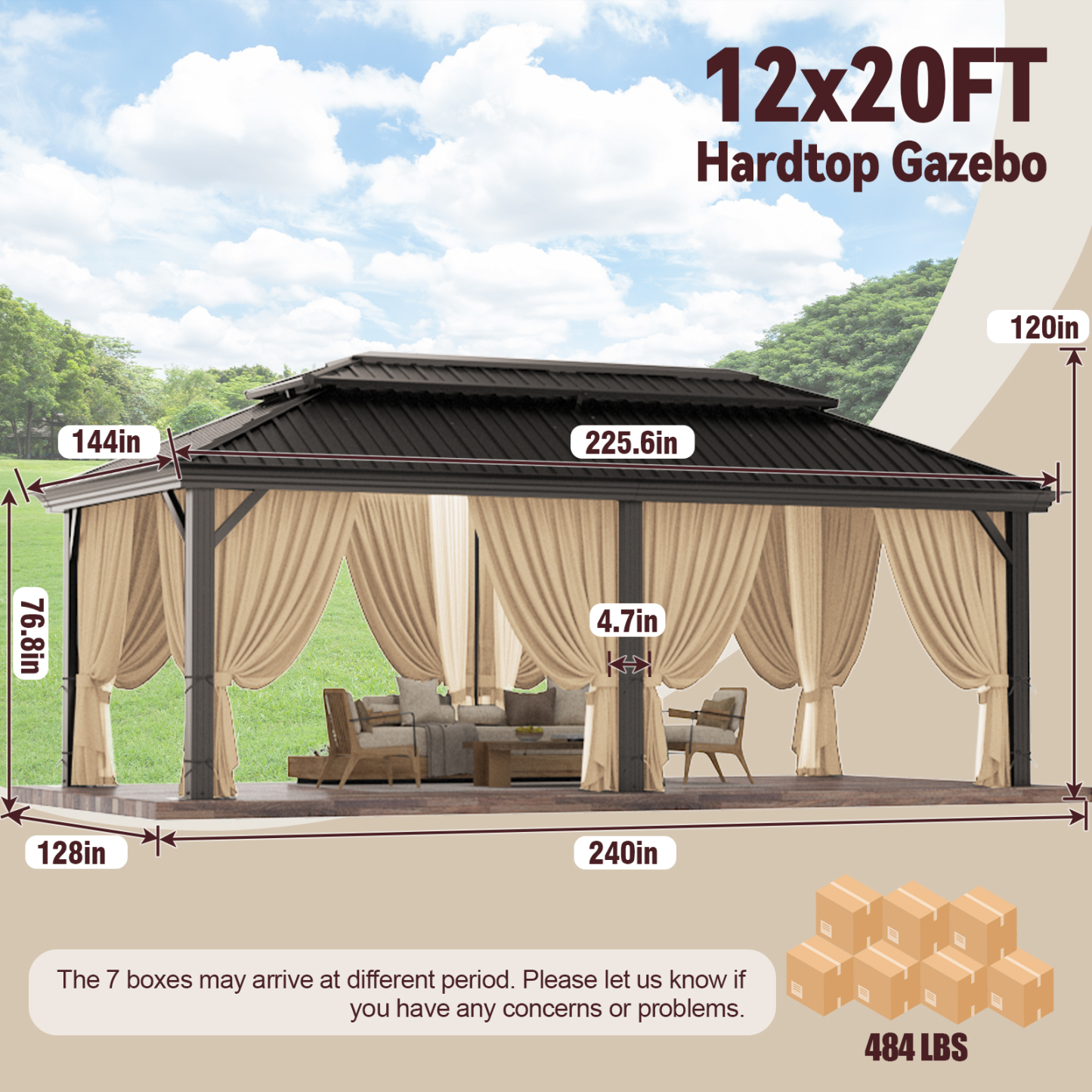 SANOPY 12x20 Hardtop Gazebo Aluminum Metal Gazebos Galvanized Steel Double Roof Permanent Hardtop Gazebo with Netting and Curtains Aluminum Frame Steel Gazebos for Deck, Lawns and Backyard, Brown
