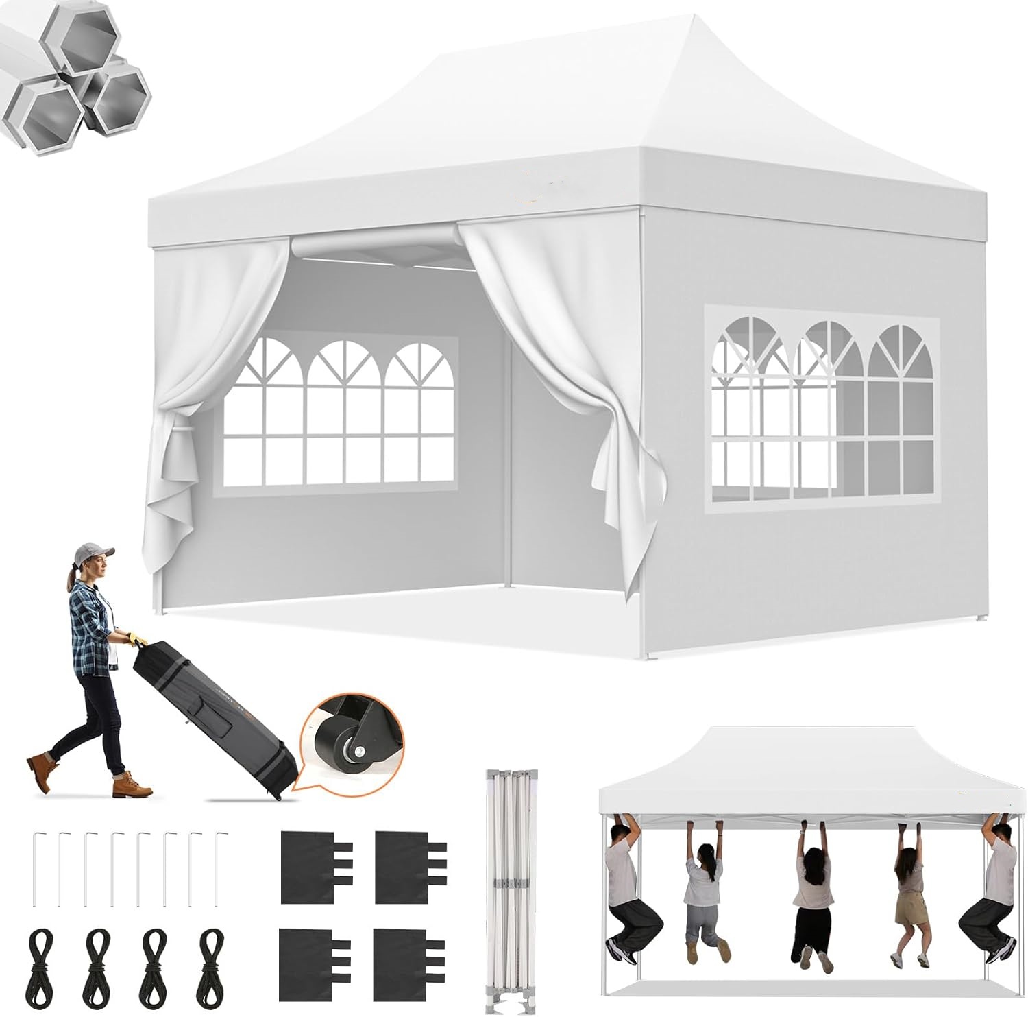 SANOPY 10x15 Pop Up Canopy Tent Heavy Duty with 4 Sidewalls Tents for Parties Outdoor Canopy Event Tent Wedding with Roller Bag, UV 50+ & Upgraded No Water, Thick Hexagonal Legs, White