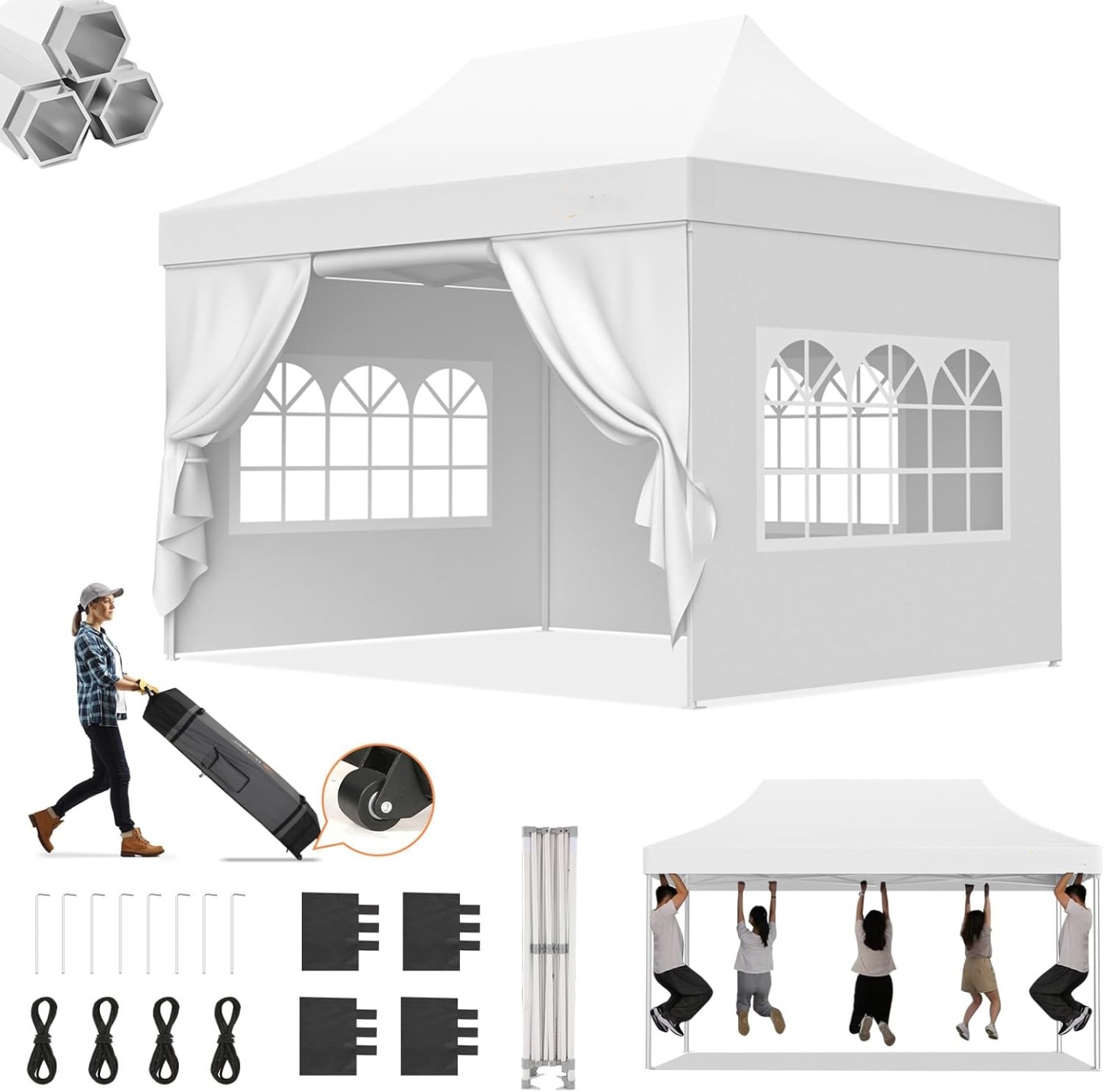 SANOPY 10x15 Pop Up Canopy Tent Heavy Duty with 4 Sidewalls Tents for Parties Outdoor Canopy Event Tent Wedding with Roller Bag, UV 50+ & Upgraded No Water, Thick Hexagonal Legs, White