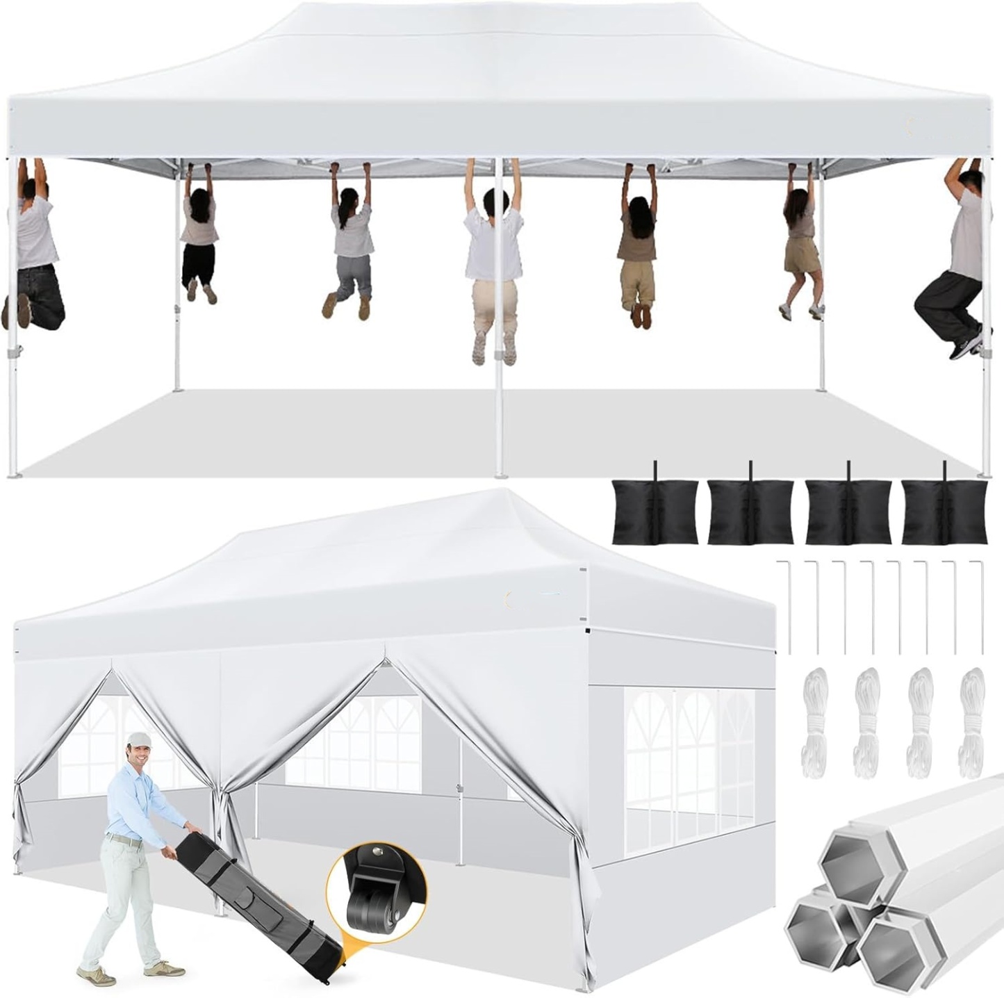 SANOPY Heavy Duty 10'x 30' Pop up Canopy, Commercial Canopy, Waterproof Outdoor Party Tent, Instant Wedding Canopy with 8 Removable Sidewalls, Carrying Bag, 147Ibs, White