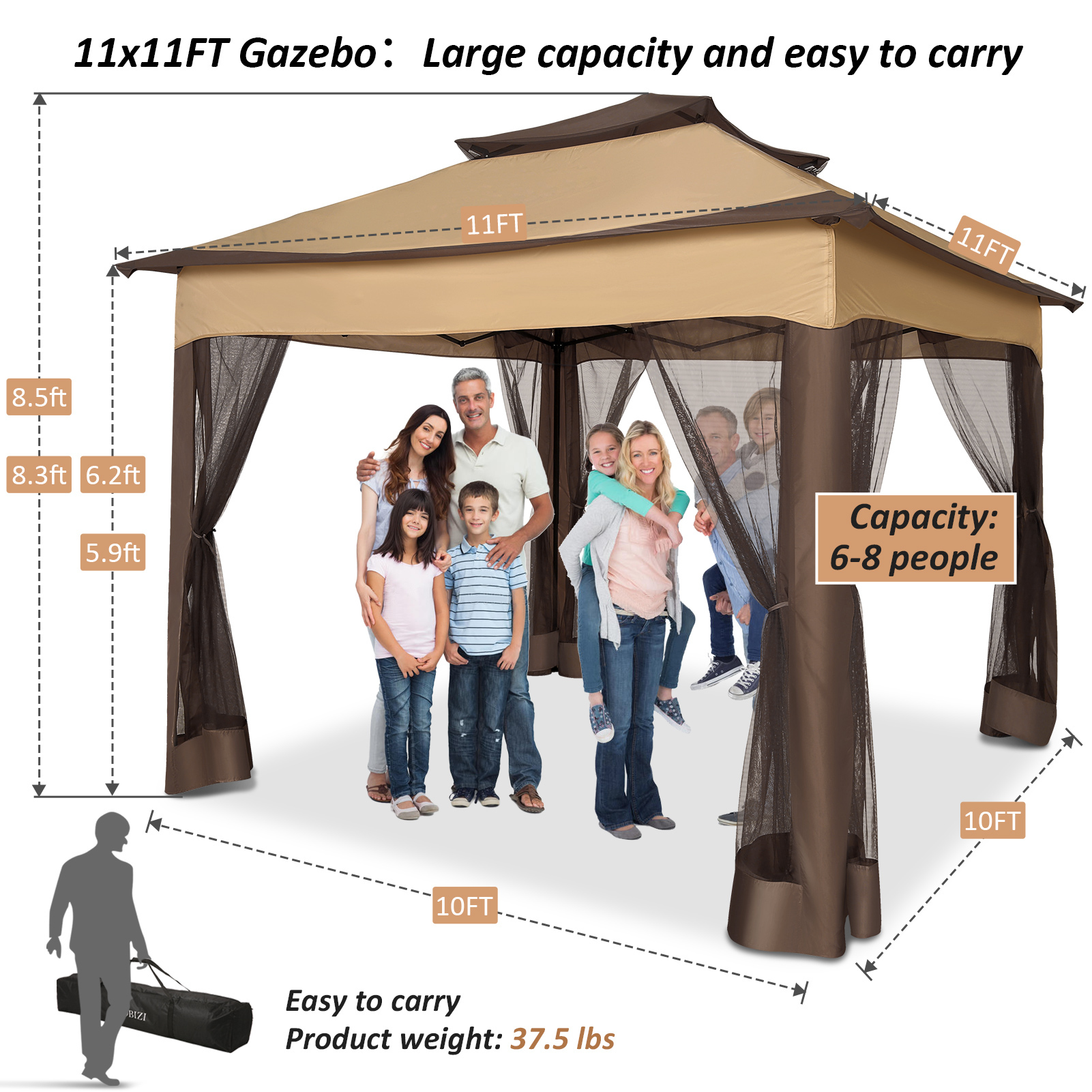 SANOPY 11'x 11' Pop up Gazebo with 4 Mosquito Netting, Outdoor Canopy Tent with Double Roof Tops and 121 Square ft of Shade for Patio, Garden, Camping Shelter, Dark Brown