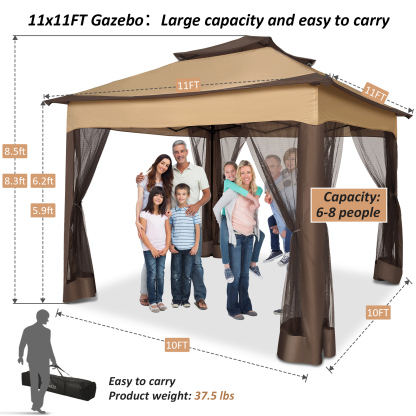 SANOPY 11'x 11' Pop up Gazebo with 4 Mosquito Netting, Outdoor Canopy Tent with Double Roof Tops and 121 Square ft of Shade for Patio, Garden, Camping Shelter, Dark Brown