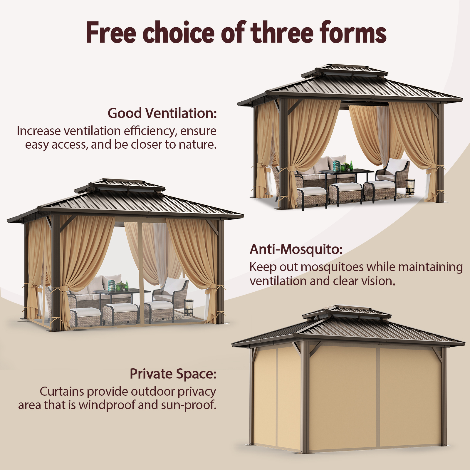 SANOPY 10x12 Hardtop Gazebo Aluminum Gazebos with Galvanized Steel Double Roof Metal Gazebo with Curtains and Netting Permanent Steel Gazebo for Backyard, Garden and Patio, Brown