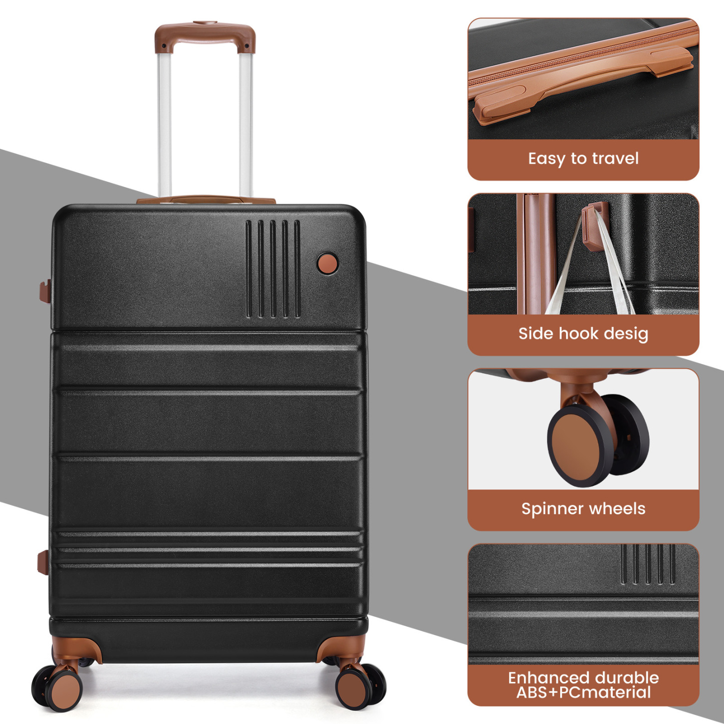 SANOPY 3 Piece Hardshell Luggage Set, ABS+PC Lightweight Suitcase Set with Double Spinner Wheels TSA Lock. (Black)