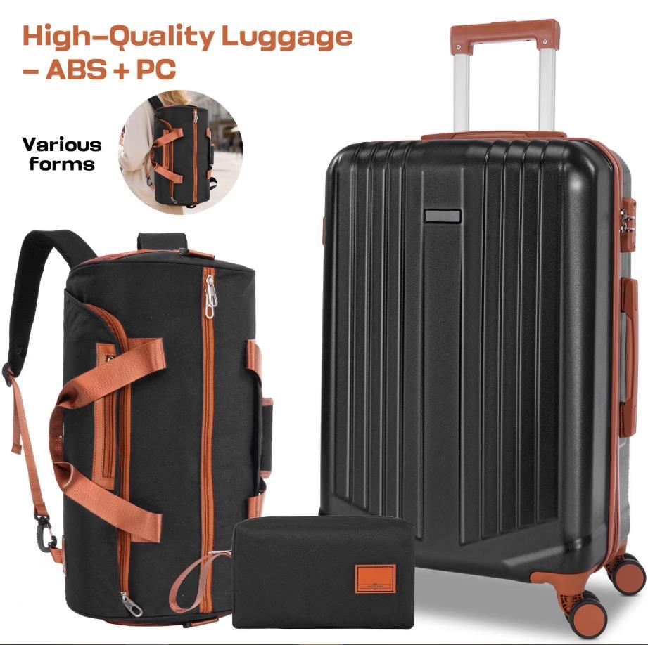 HOTEEL 3 Piece Carry on Luggage Set 20in Suitcase with Spinner Wheels TSA Lock, PC ABS Hardside Luggage Set with Toiletry Bag & Travel Gym Bag, Black