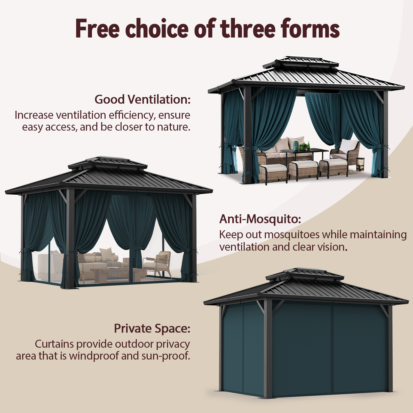 SANOPY 10x12 Hardtop Gazebo Aluminum Gazebos with Galvanized Steel Double Roof Metal Gazebo with Curtains and Netting Permanent Steel Gazebo for Backyard, Garden and Patio, Black