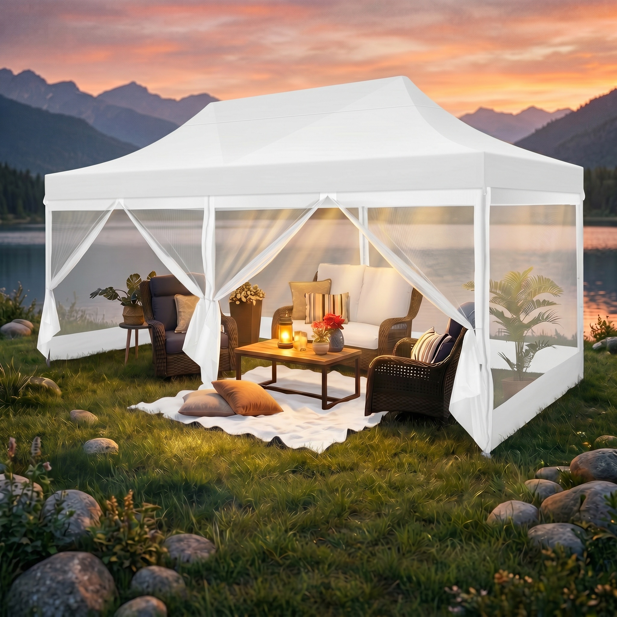 SANOPY 10x20 FT Heavy Duty Pop up Canopy Tent with 4 Mosquito Netting Sidewalls, Quick Setup Outdoor Gazebo Shelter for Parties, Backyard Events, Camping & Beach with Carry Bag, White