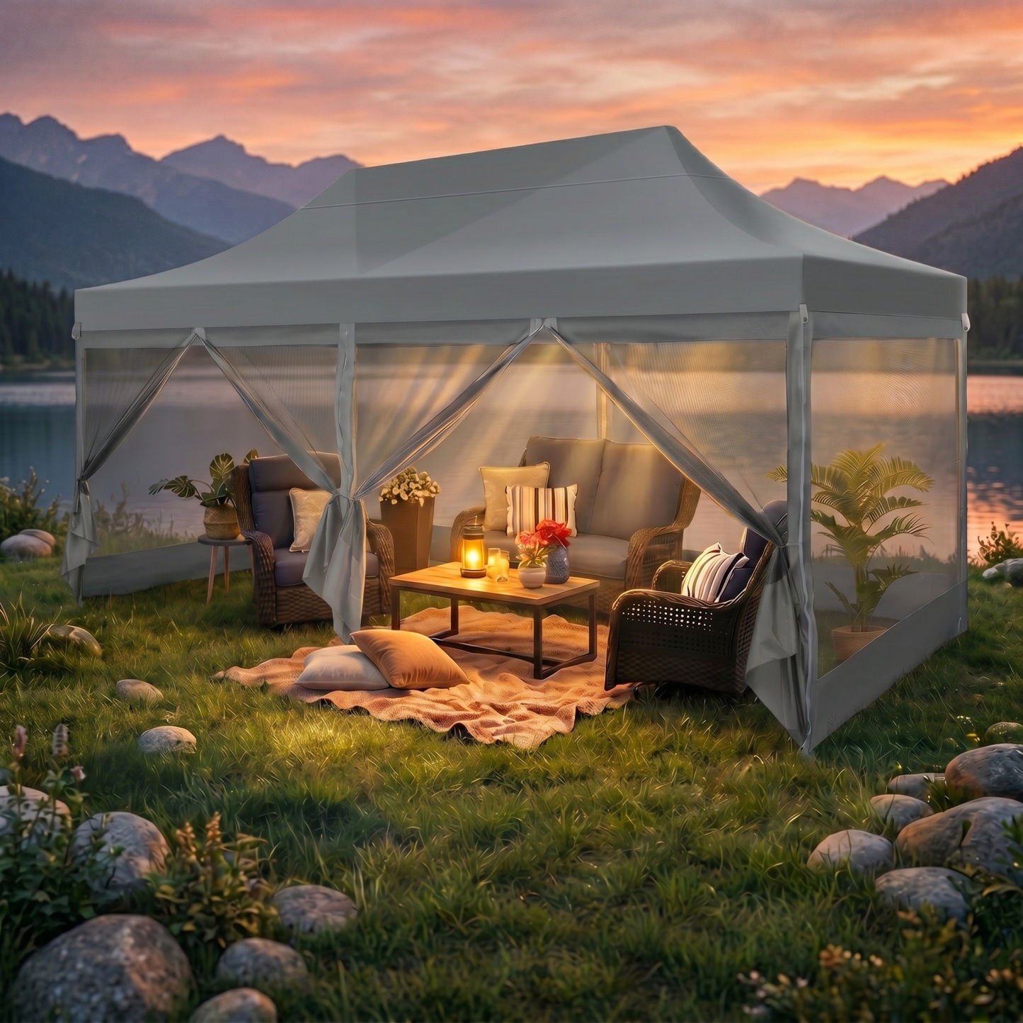 SANOPY 10x20 FT Heavy Duty Pop up Canopy Tent with 4 Mosquito Netting Sidewalls, Quick Setup Outdoor Gazebo Shelter for Parties, Backyard Events, Camping & Beach with Carry Bag, White
