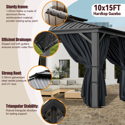 SANOPY 10x15 Hardtop Gazebo Aluminum Gazebos with Galvanized Steel Double Roof Metal Gazebo with Curtains and Netting Permanent Hardtop Gazebos Steel Gazebo for Backyard, Garden and Patio, Black