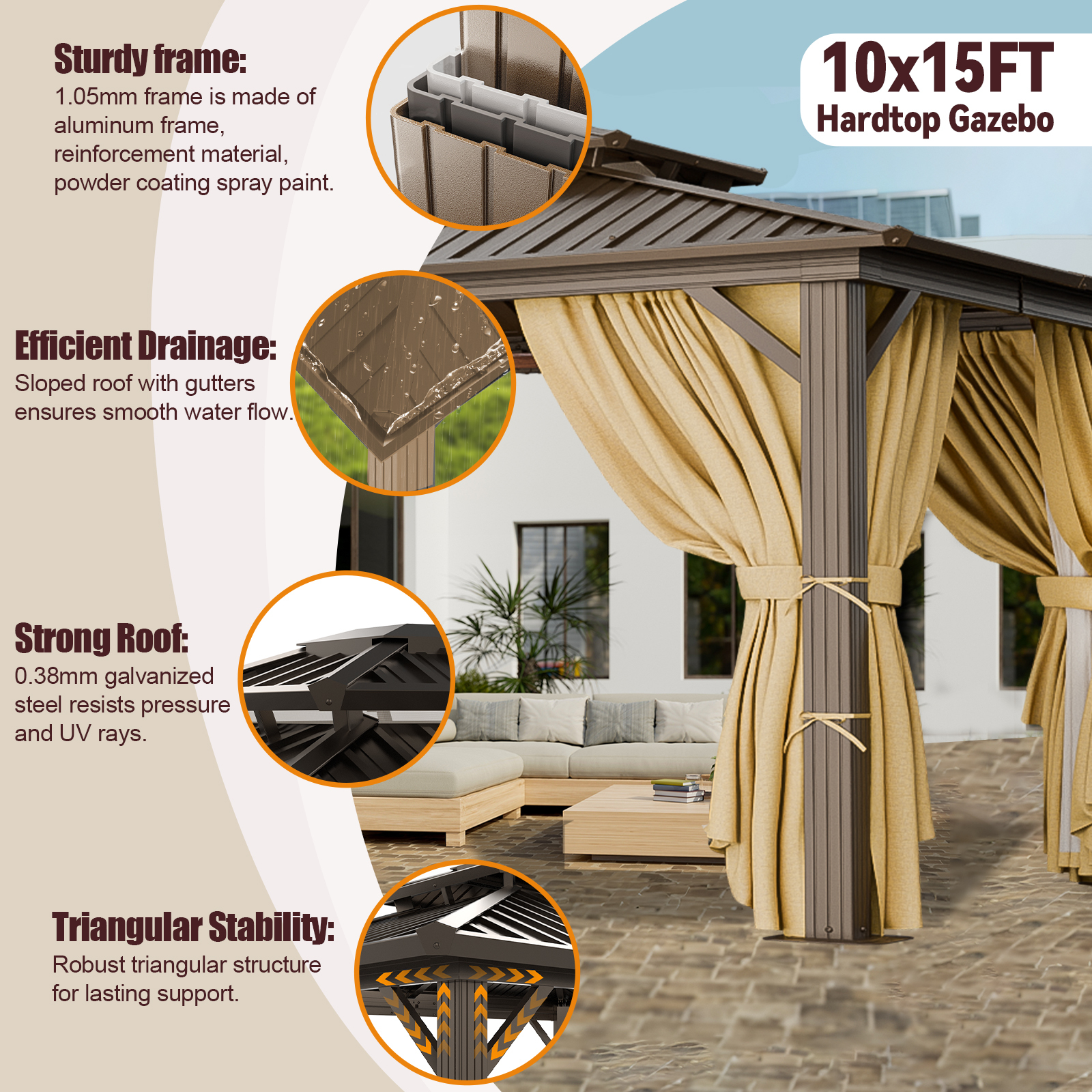 SANOPY 10x15 Hardtop Gazebo Aluminum Gazebos with Galvanized Steel Double Roof Metal Gazebo with Curtains and Netting Permanent Hardtop Gazebos Steel Gazebo for Backyard, Garden and Patio, Brown