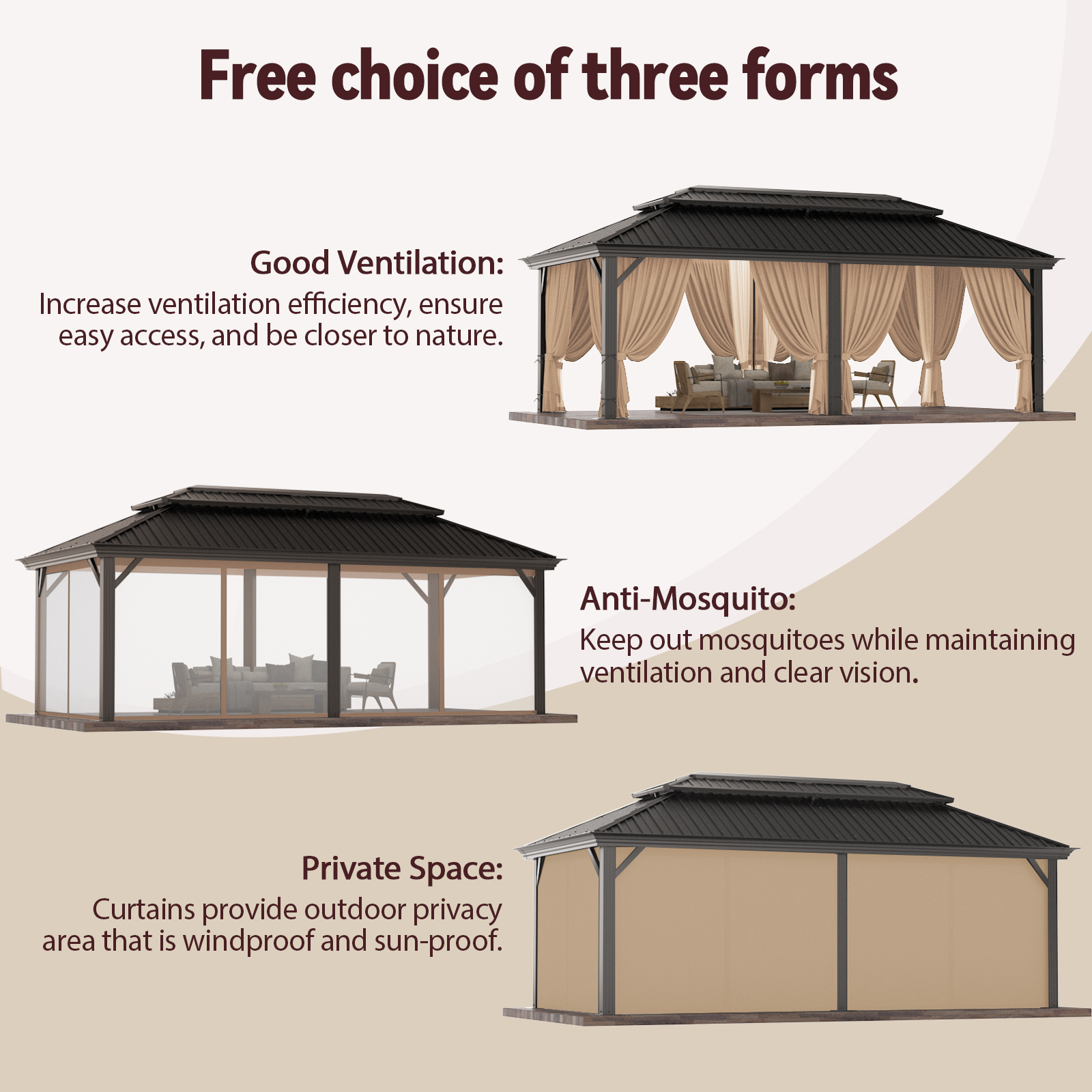 SANOPY 12x20 Hardtop Gazebo Aluminum Metal Gazebos Galvanized Steel Double Roof Permanent Hardtop Gazebo with Netting and Curtains Aluminum Frame Steel Gazebos for Deck, Lawns and Backyard, Brown