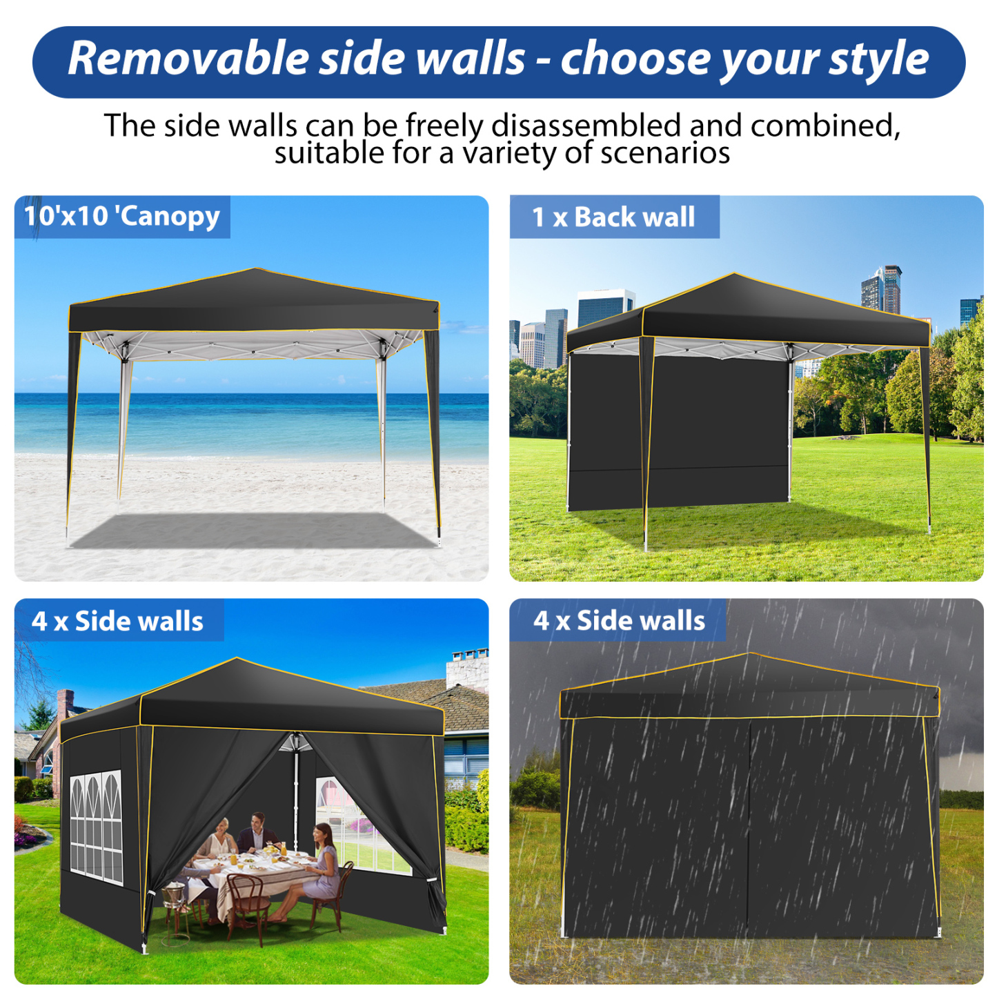 SANOPY 10' x 10' Pop up Canopy Tent, Canopy Shelter with 4 Removable Sidewalls and Sandbags, Outdoor Party Tent with Carry Bag for Backyard, Black