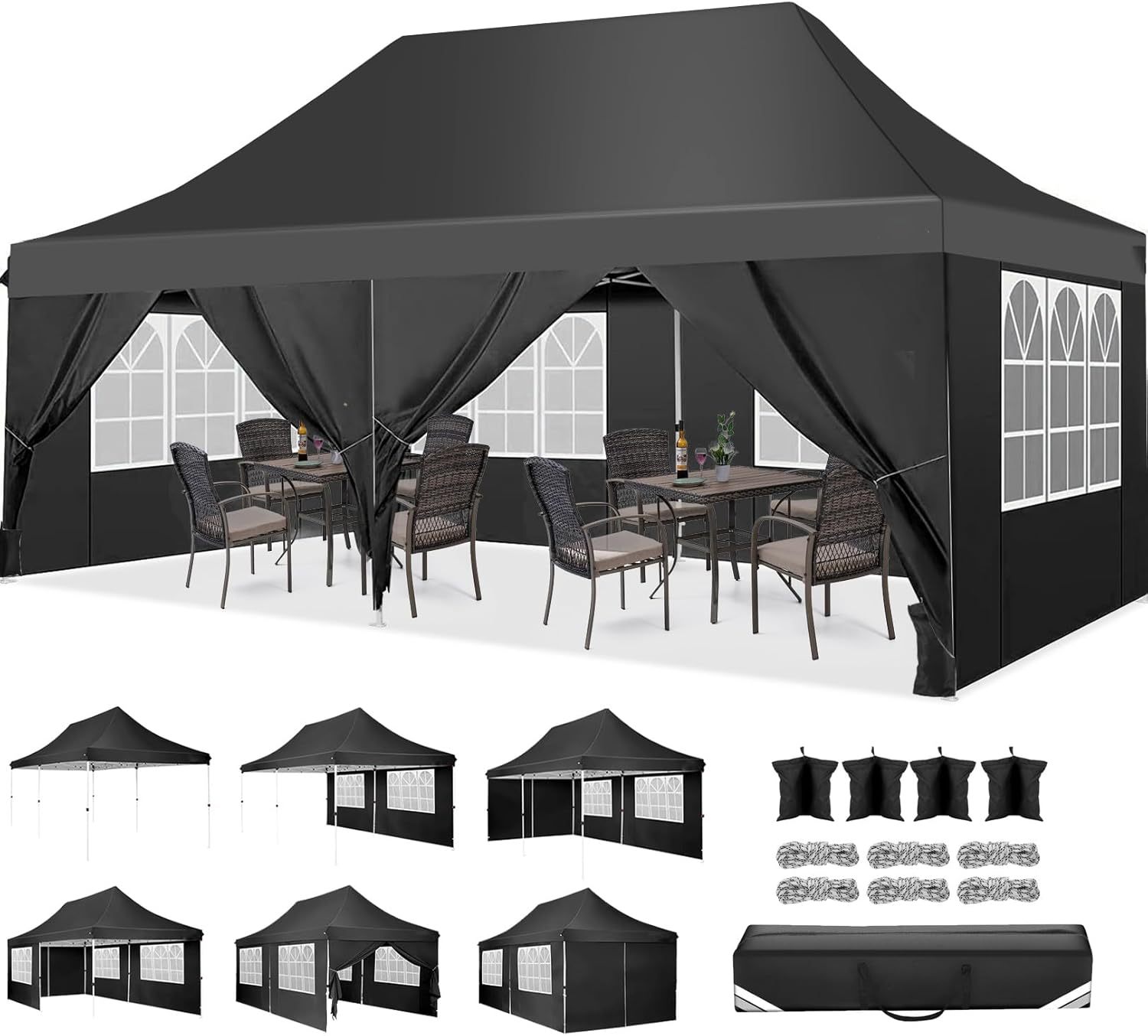 SANOPY 10'x20' Ez Pop up Canopy Party Tent with 6 Sidewalls, Waterproof and Sun Shelter Patio Gazebo All Season for Market with Carry Bag, Gray