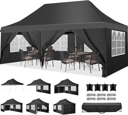 SANOPY 10'x20' Ez Pop up Canopy Party Tent with 6 Sidewalls, Waterproof and Sun Shelter Patio Gazebo All Season for Market with Carry Bag, Gray