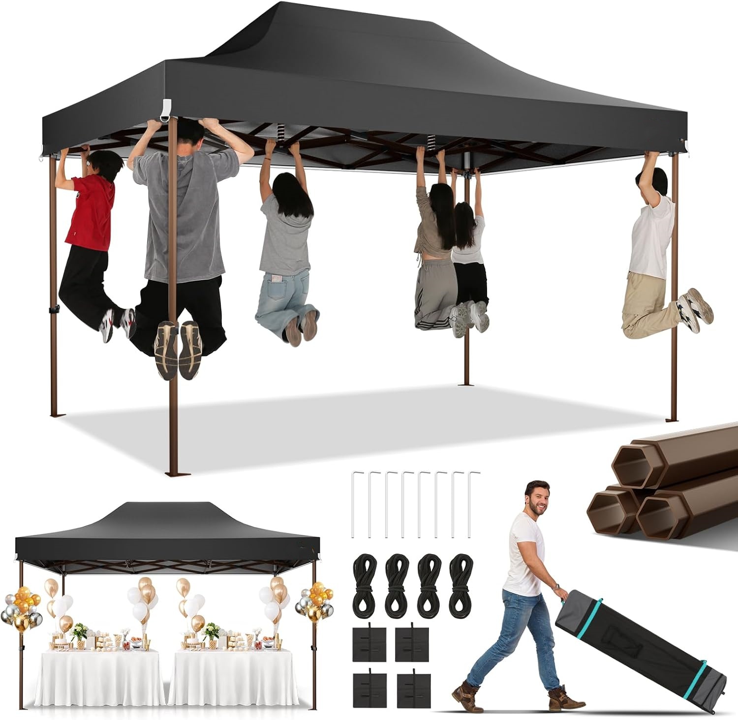 SANOPY 10' x 15' Heavy Duty Pop up Canopy, Instant Commercial Tent for Party with White Upgraded Hexagonal Bracket, Portable Gazebo with 4 Sangbags, Roller Bag, White