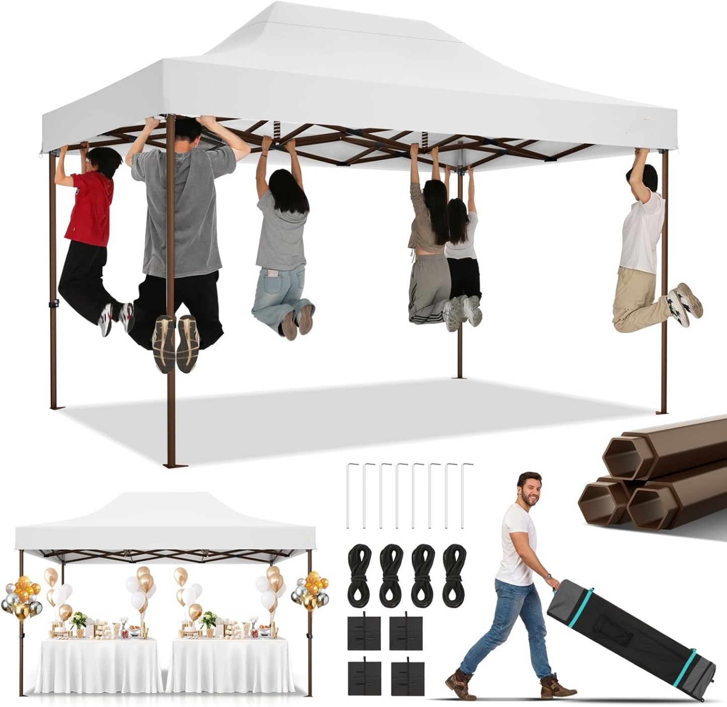 SANOPY 10' x 15' Heavy Duty Pop up Canopy, Instant Commercial Tent for Party with White Upgraded Hexagonal Bracket, Portable Gazebo with 4 Sangbags, Roller Bag, White