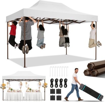 SANOPY 10' x 15' Heavy Duty Pop up Canopy, Instant Commercial Tent for Party with White Upgraded Hexagonal Bracket, Portable Gazebo with 4 Sangbags, Roller Bag, White