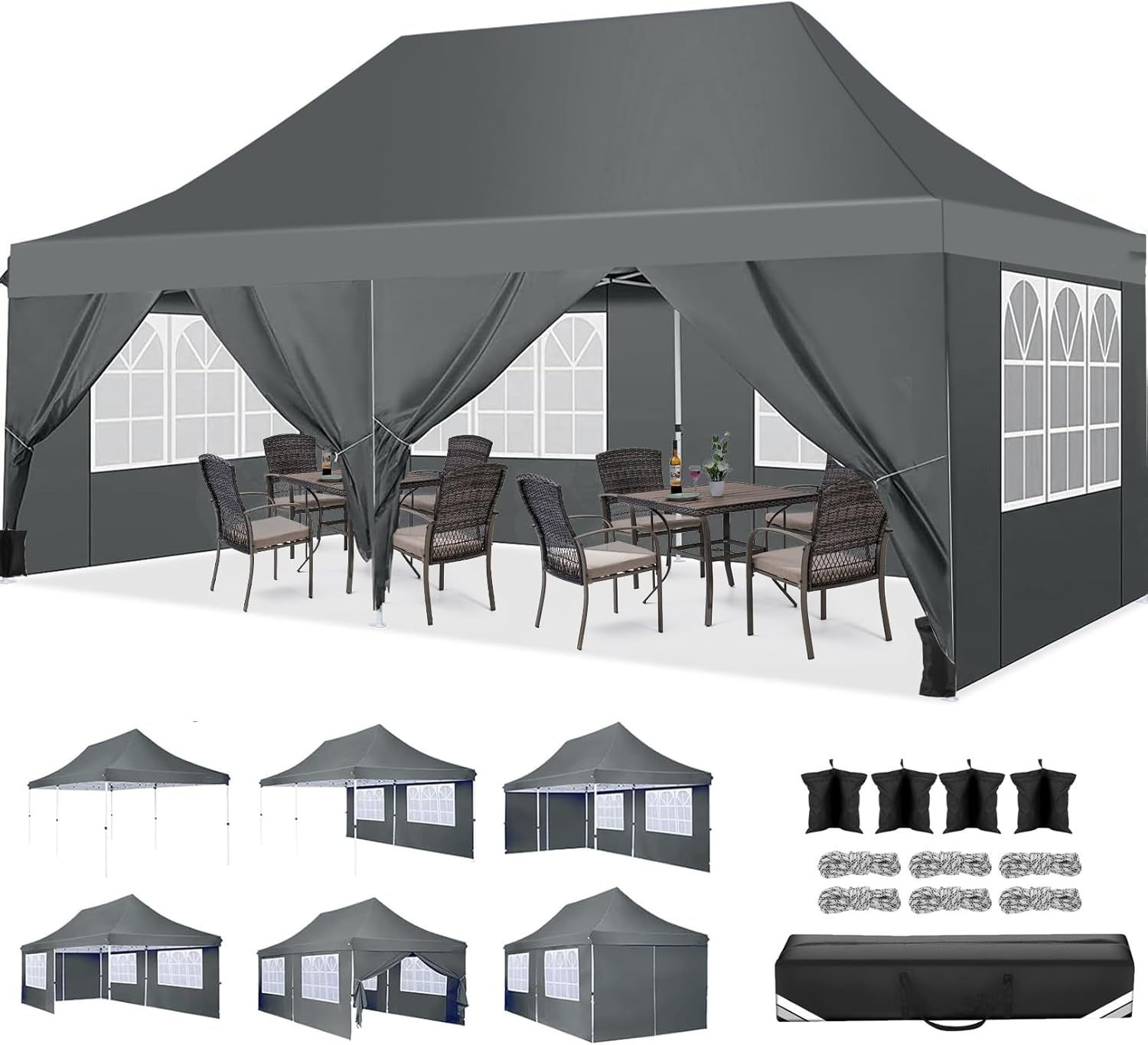 SANOPY 10'x20' Ez Pop up Canopy Party Tent with 6 Sidewalls, Waterproof and Sun Shelter Patio Gazebo All Season for Market with Carry Bag, Gray