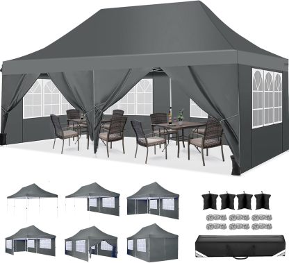 SANOPY 10'x20' Ez Pop up Canopy Party Tent with 6 Sidewalls, Waterproof and Sun Shelter Patio Gazebo All Season for Market with Carry Bag, Gray