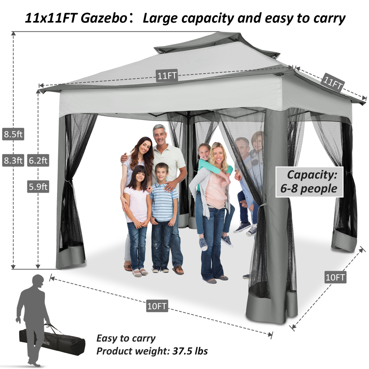 SANOPY 11'x 11' Pop up Gazebo with 4 Mosquito Netting, Outdoor Canopy Tent with Double Roof Tops and 121 Square ft of Shade for Patio, Garden, Camping Shelter, Gray