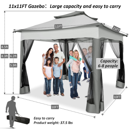 SANOPY 11'x 11' Pop up Gazebo with 4 Mosquito Netting, Outdoor Canopy Tent with Double Roof Tops and 121 Square ft of Shade for Patio, Garden, Camping Shelter, Gray