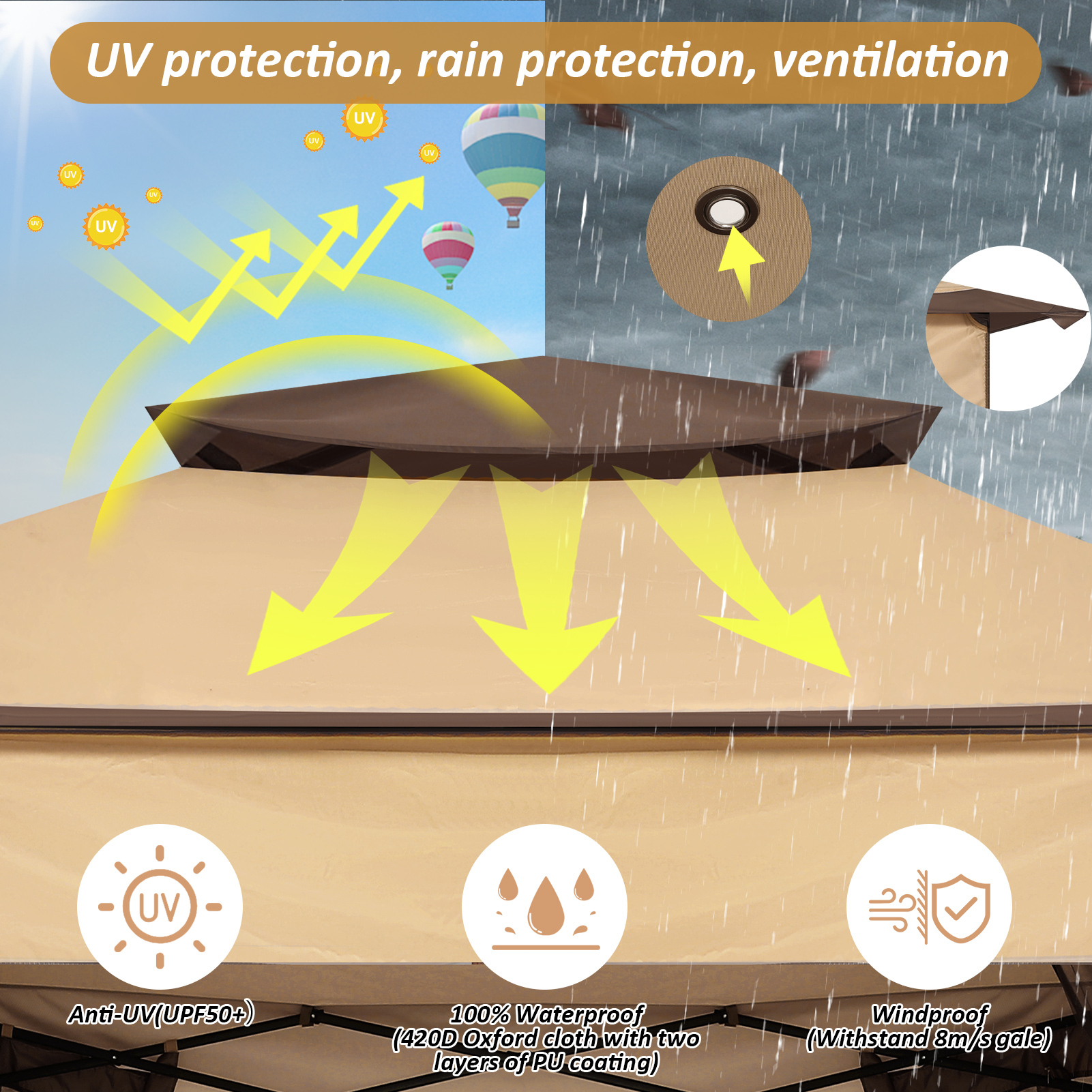 SANOPY 11'x 11' Pop up Gazebo with 4 Mosquito Netting, Outdoor Canopy Tent with Double Roof Tops and 121 Square ft of Shade for Patio, Garden, Camping Shelter, Dark Brown
