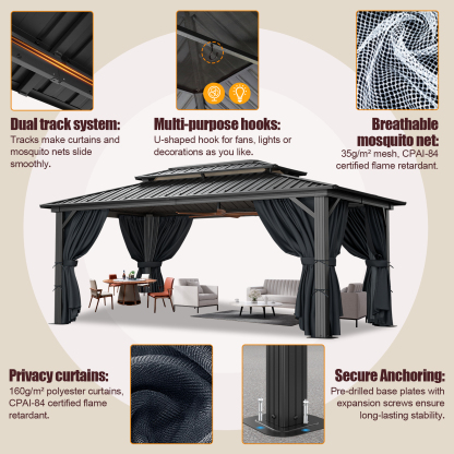 SANOPY 10x15 Hardtop Gazebo Aluminum Gazebos with Galvanized Steel Double Roof Metal Gazebo with Curtains and Netting Permanent Hardtop Gazebos Steel Gazebo for Backyard, Garden and Patio, Black