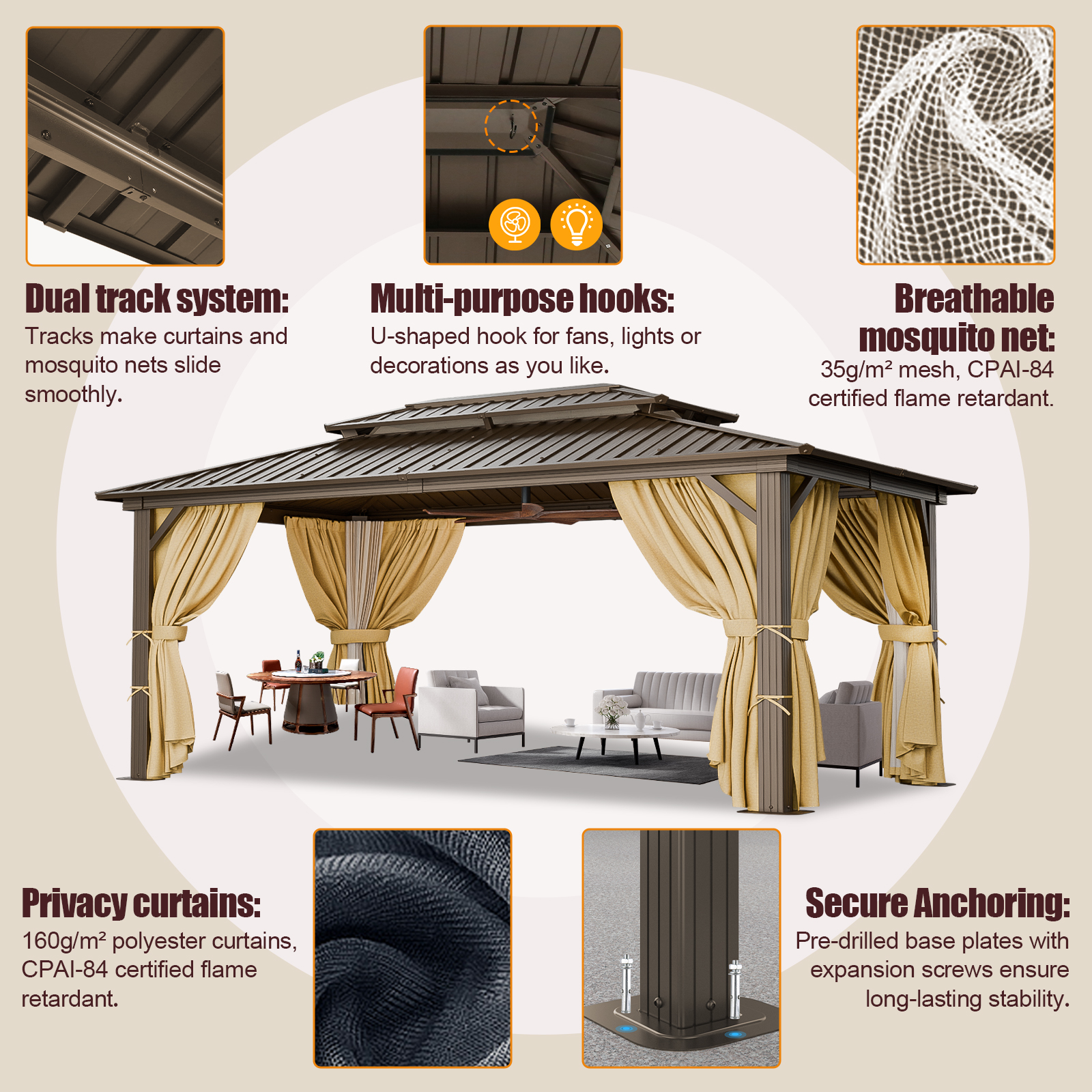 SANOPY 10x15 Hardtop Gazebo Aluminum Gazebos with Galvanized Steel Double Roof Metal Gazebo with Curtains and Netting Permanent Hardtop Gazebos Steel Gazebo for Backyard, Garden and Patio, Brown