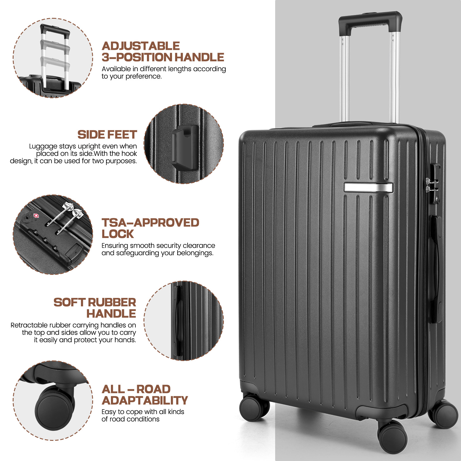 SANOPY 20" Luggage Set, Hardside 3PCS Suitcase Set with TSA Lock and Spinner Wheels, Black