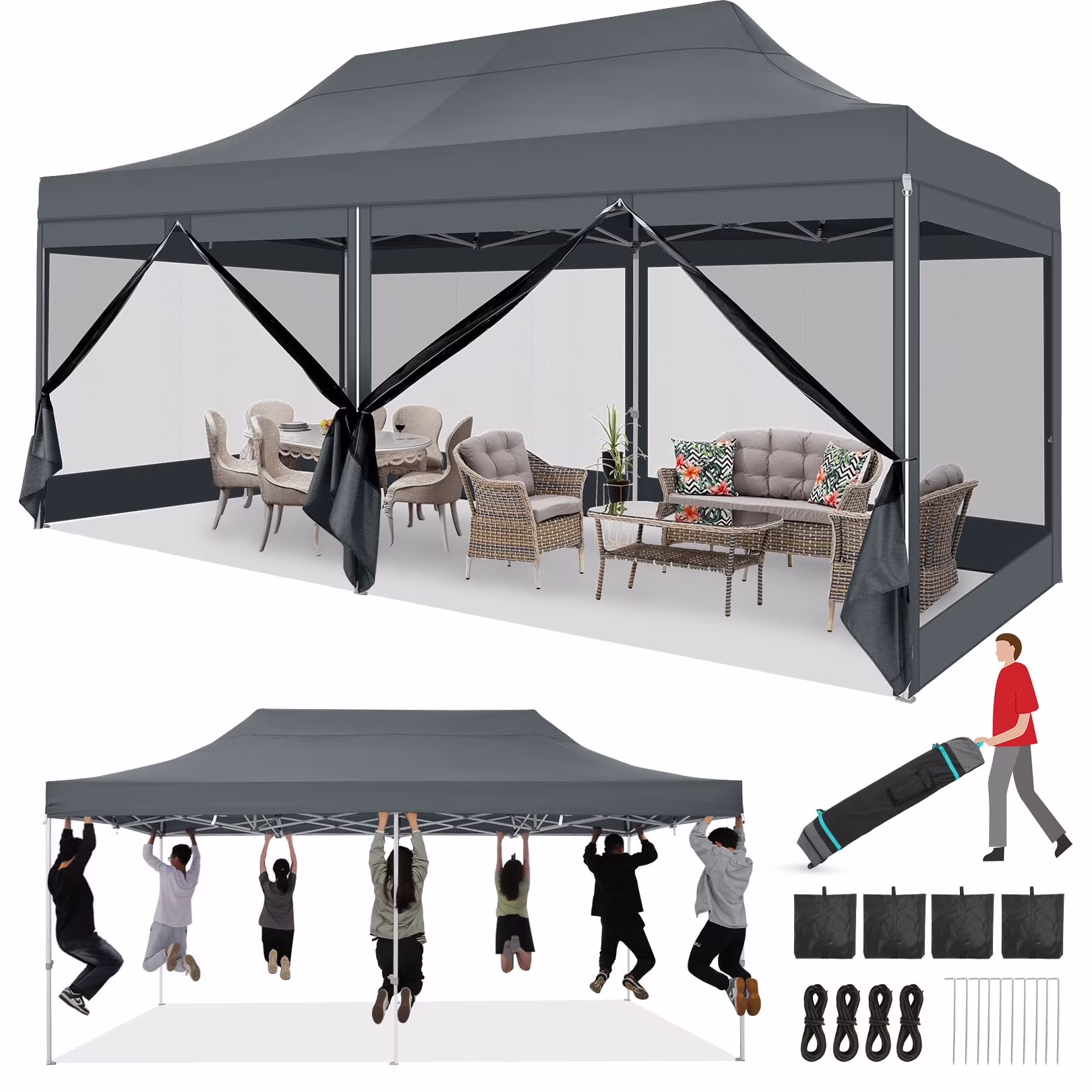 HOTEEL 10x15 Heavy Duty Canopy Tent, Pop up Gazebo with Netting Screened ,Waterproof Ez up Canopy with Sidewalls, Outdoor Instant Party Tent for Backyard, Khaki
