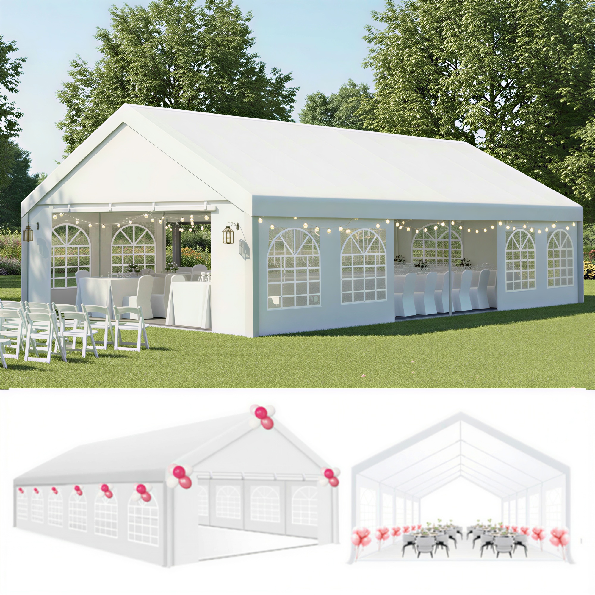 HOTEEL 20x20 Party Tent Heavy Duty with Removable Sidewalls & 4 Built-in Sandbags, Commercial Wedding Large Tent, UV 50+, Waterproof, White