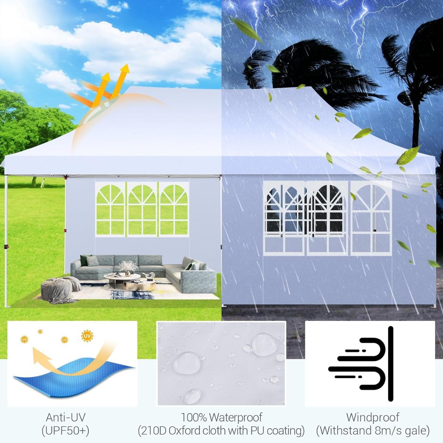 SANOPY 10' x 20' EZ Pop up Canopy Party Tent, Outdoor Event Instant Gazebo with 6 Removable Sidewalls for Camping Wedding Picnic, White