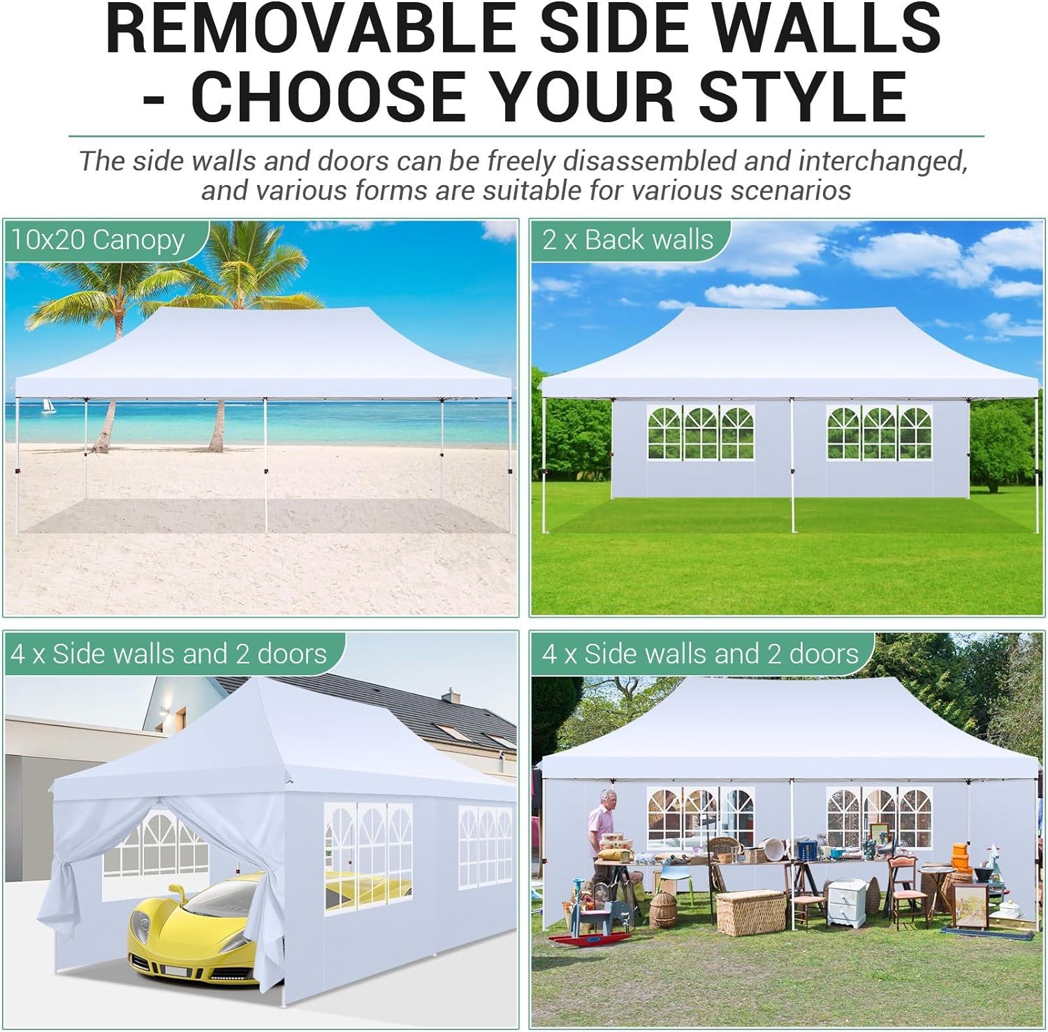 SANOPY 10' x 20' EZ Pop up Canopy Party Tent, Outdoor Event Instant Gazebo with 6 Removable Sidewalls for Camping Wedding Picnic, White