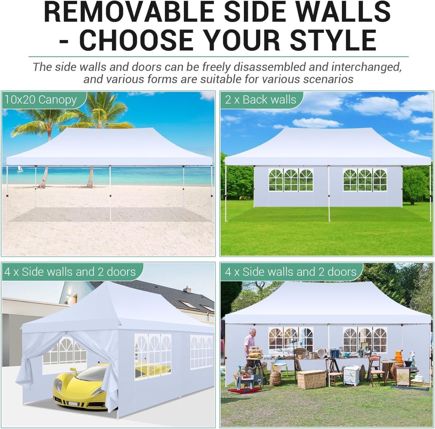 SANOPY 10' x 20' EZ Pop up Canopy Party Tent, Outdoor Event Instant Gazebo with 6 Removable Sidewalls for Camping Wedding Picnic, White