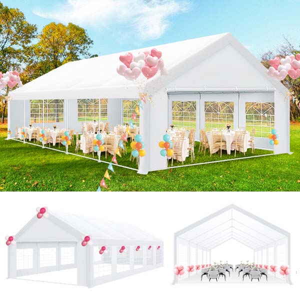 HOTEEL 20x20 Party Tent Heavy Duty with Removable Sidewalls & 4 Built-in Sandbags, Commercial Wedding Large Tent, UV 50+, Waterproof, White