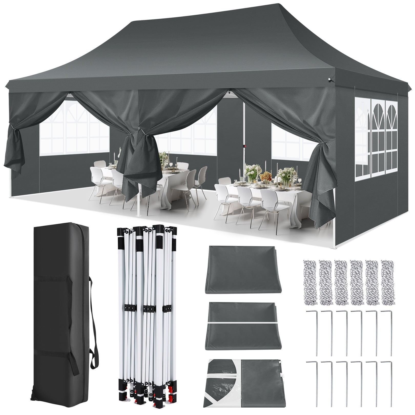 SANOPY 10' x 20' EZ Pop up Canopy Party Tent, Outdoor Event Instant Gazebo with 6 Removable Sidewalls for Camping Wedding Picnic, Gray