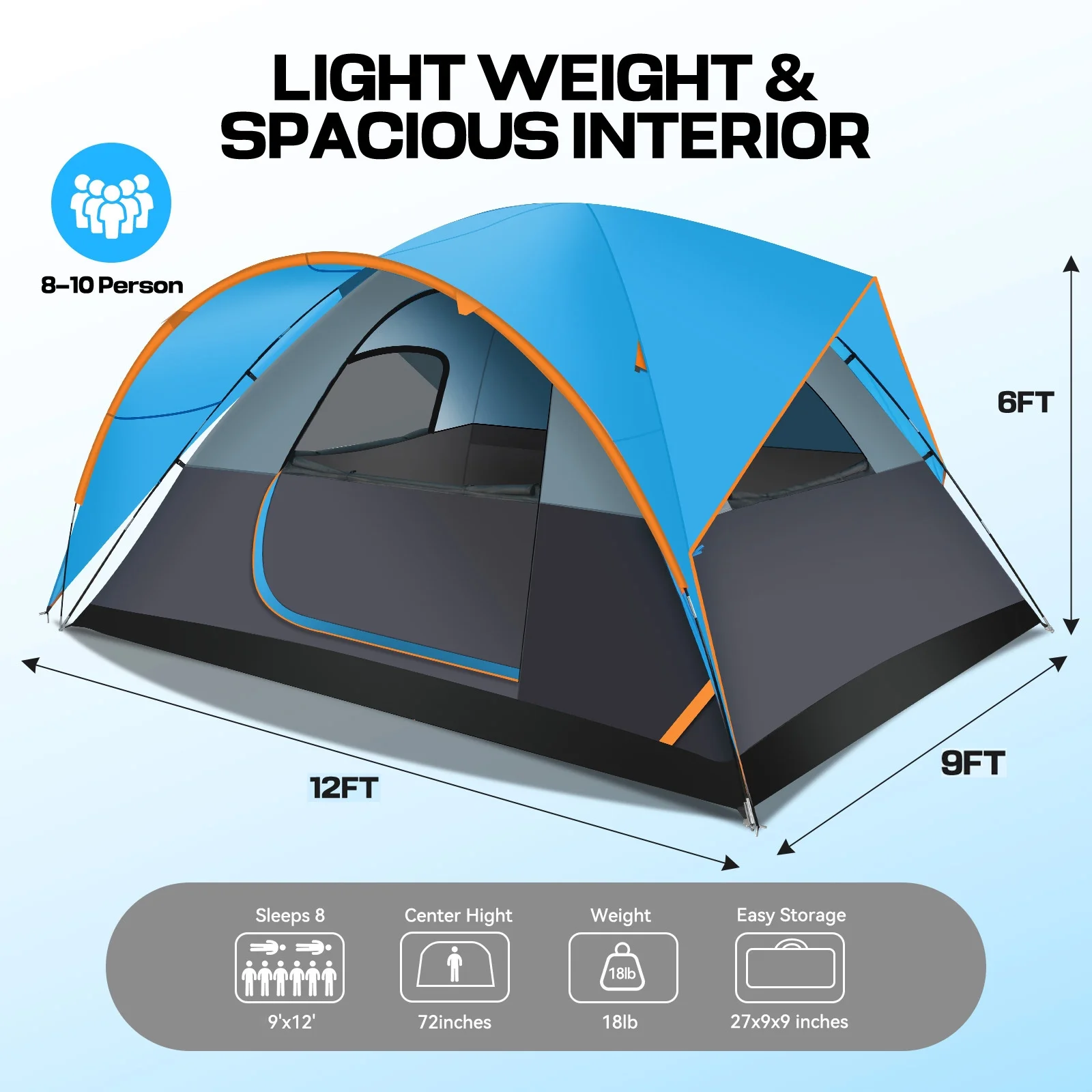 SANOPY 8-10 Person Instant Camping Tent with Removable Rainfly, Auto Setup Pop Up Tent for Family Outdoor /Hiking/Traveling with Carry Bag, Light Blue